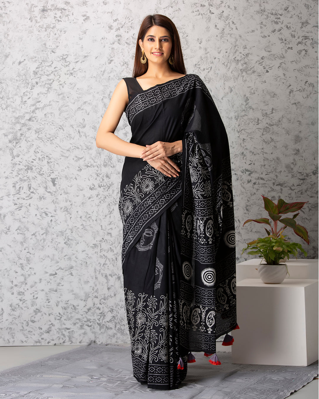 Handblock Print Mulmul Saree | Black Buddha Paisley for Work & Casual Outings