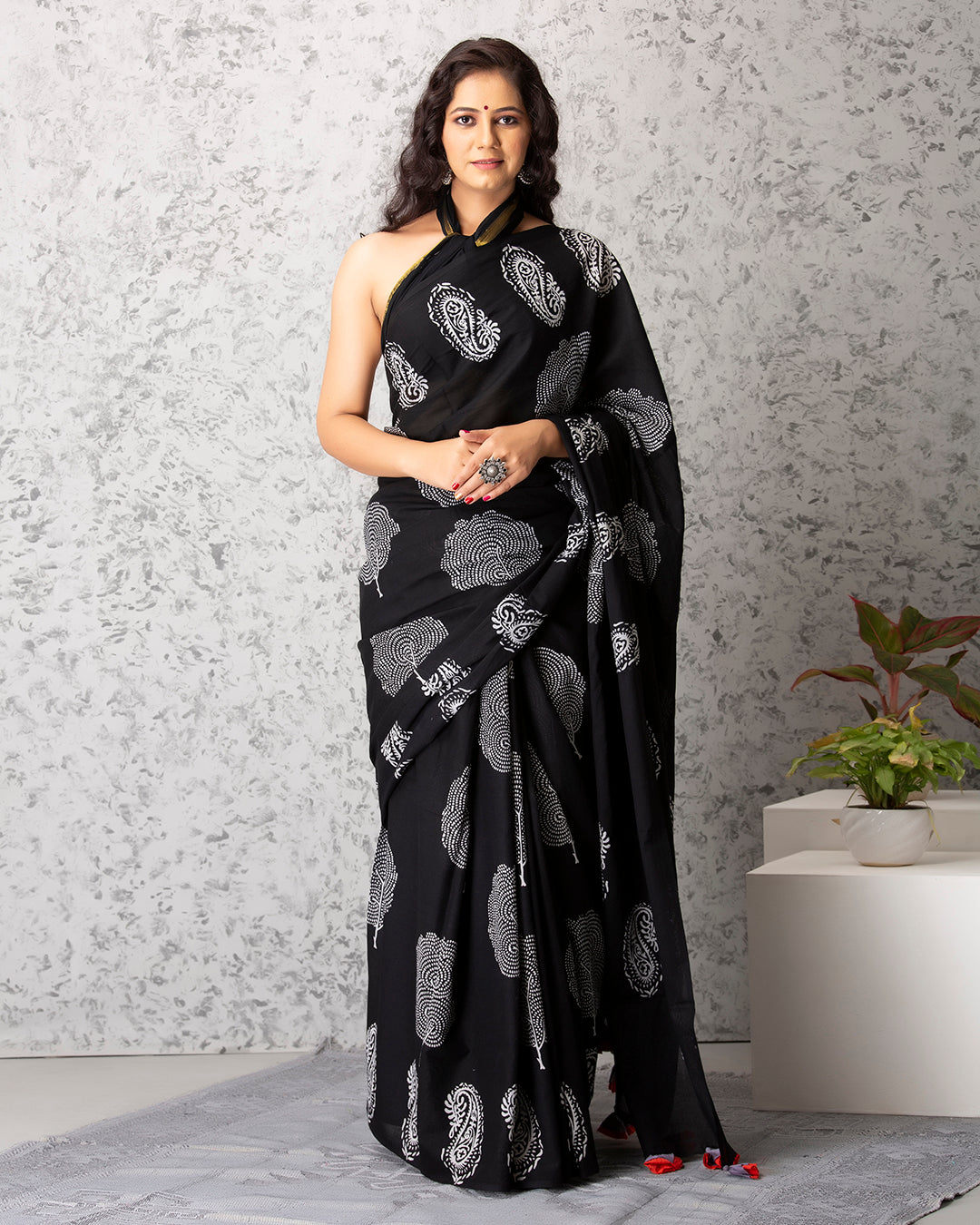 Handblock Print Mulmul Saree | Black Paisley for Office, Lunches & Small Events