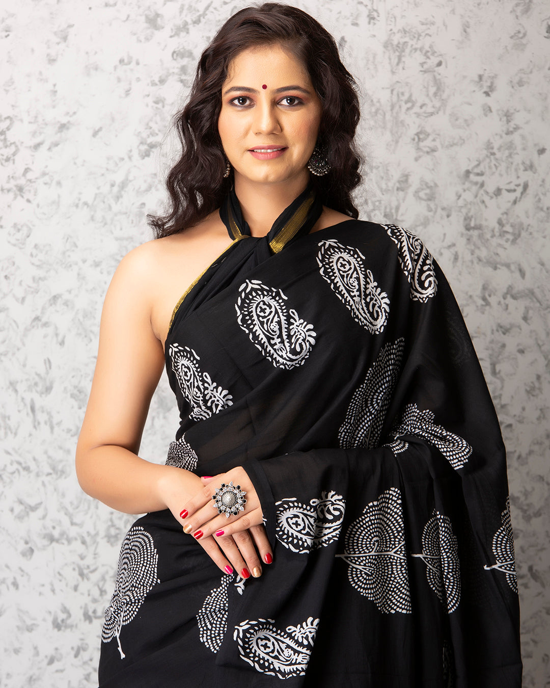 Handblock Print Mulmul Saree | Black Paisley for Office, Lunches & Small Events