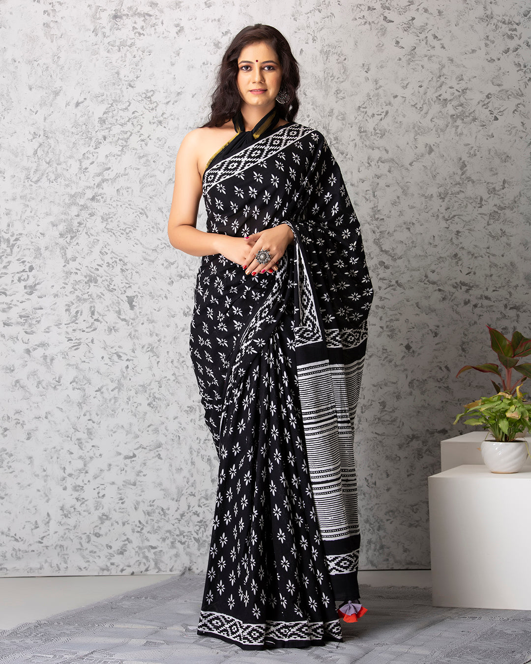 Handblock Print Mulmul Saree | Black Floral Geometric for Work & Festive Gatherings