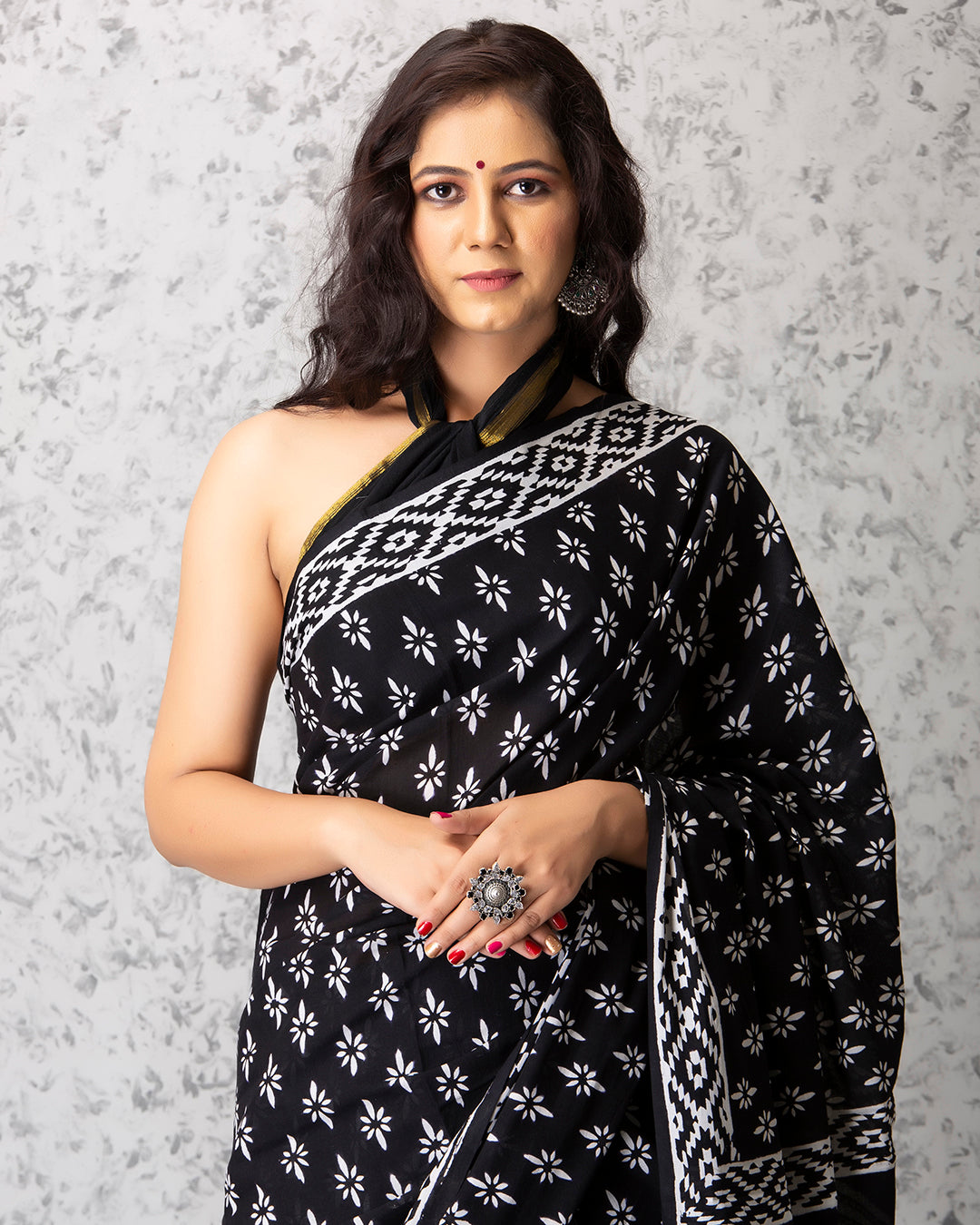 Handblock Print Mulmul Saree | Black Floral Geometric for Work & Festive Gatherings