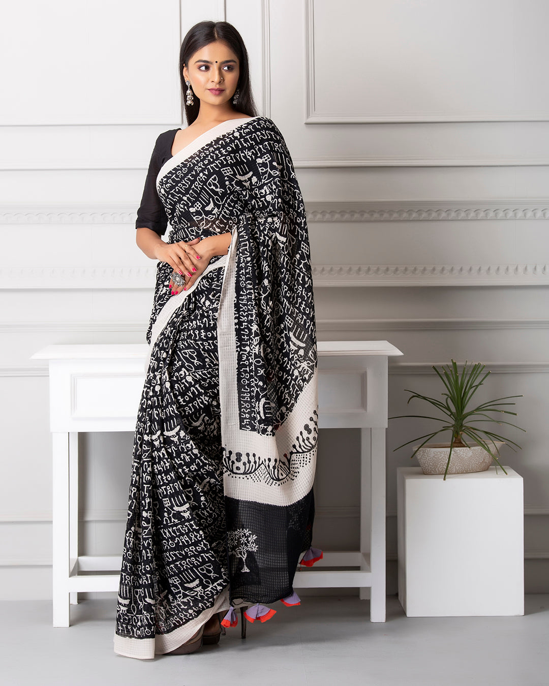 Handblock Print Mulmul Saree | Black Moonga Abstract for Office, Events & Daily Wear