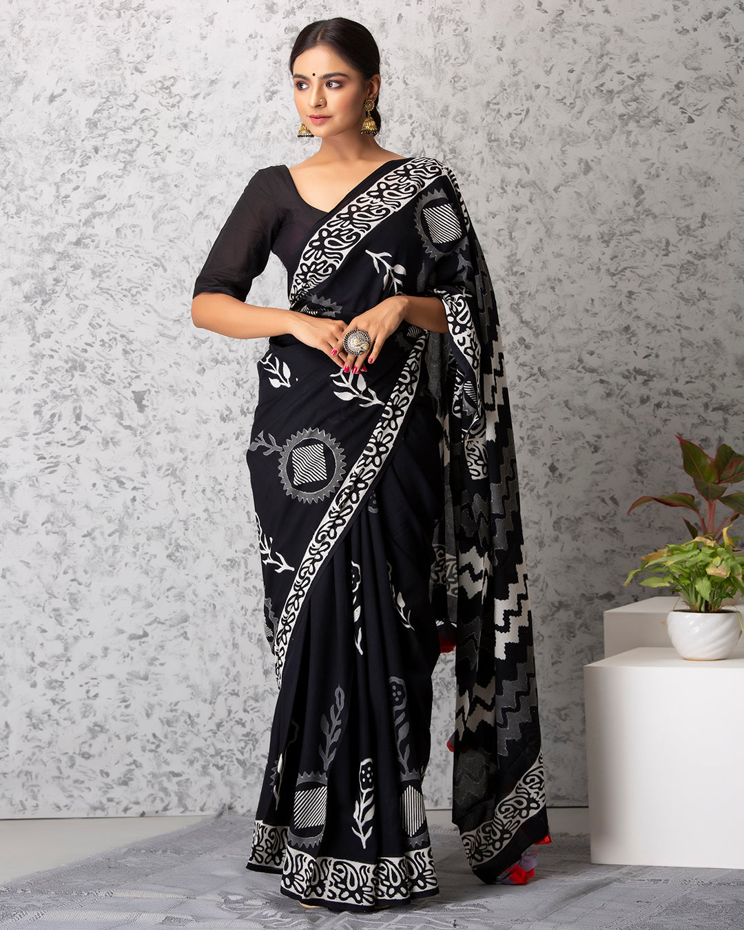 Handblock Print Mulmul Saree | Black Folk Motifs for Festivals, Functions & Daily Wear