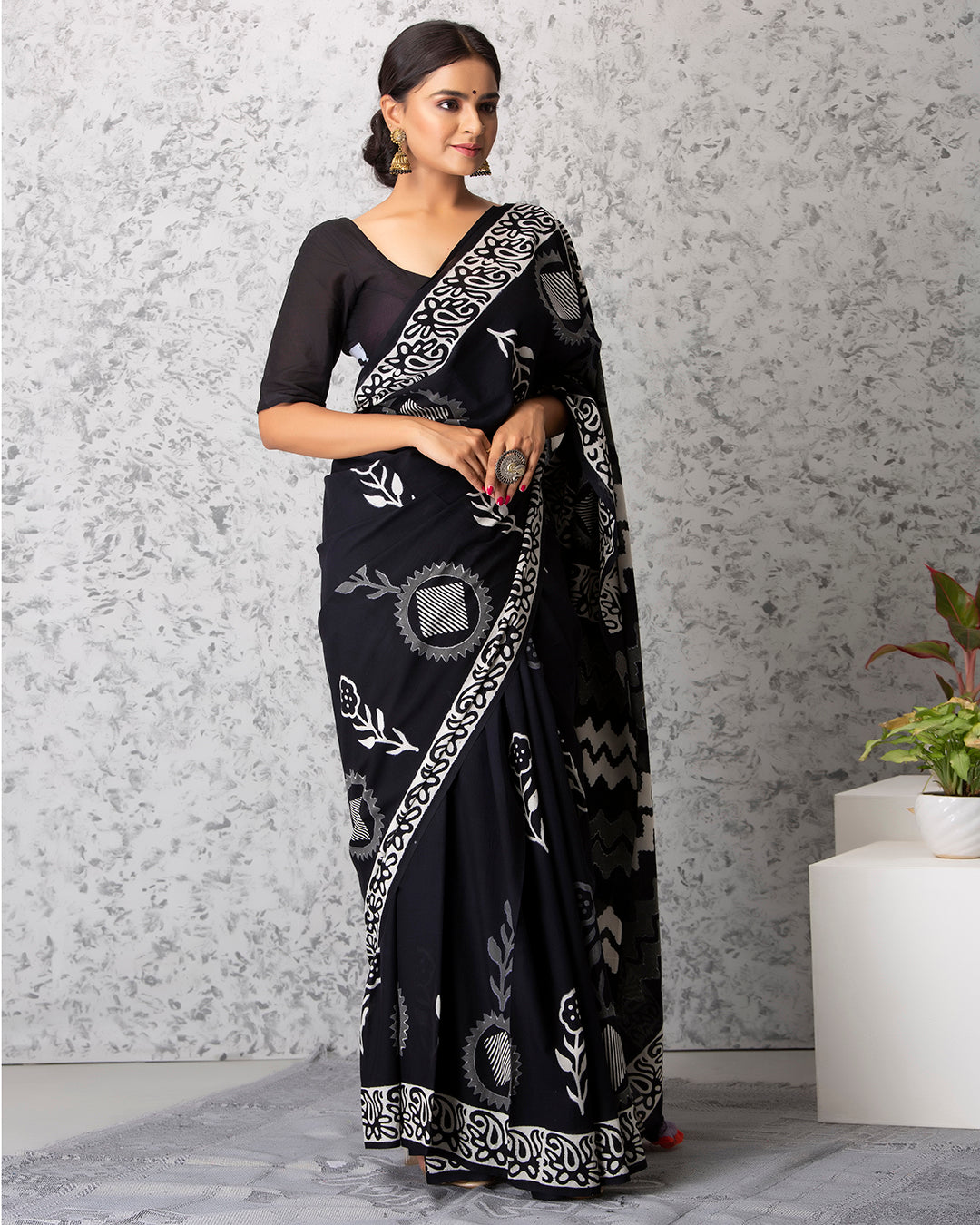 Handblock Print Mulmul Saree | Black Folk Motifs for Festivals, Functions & Daily Wear
