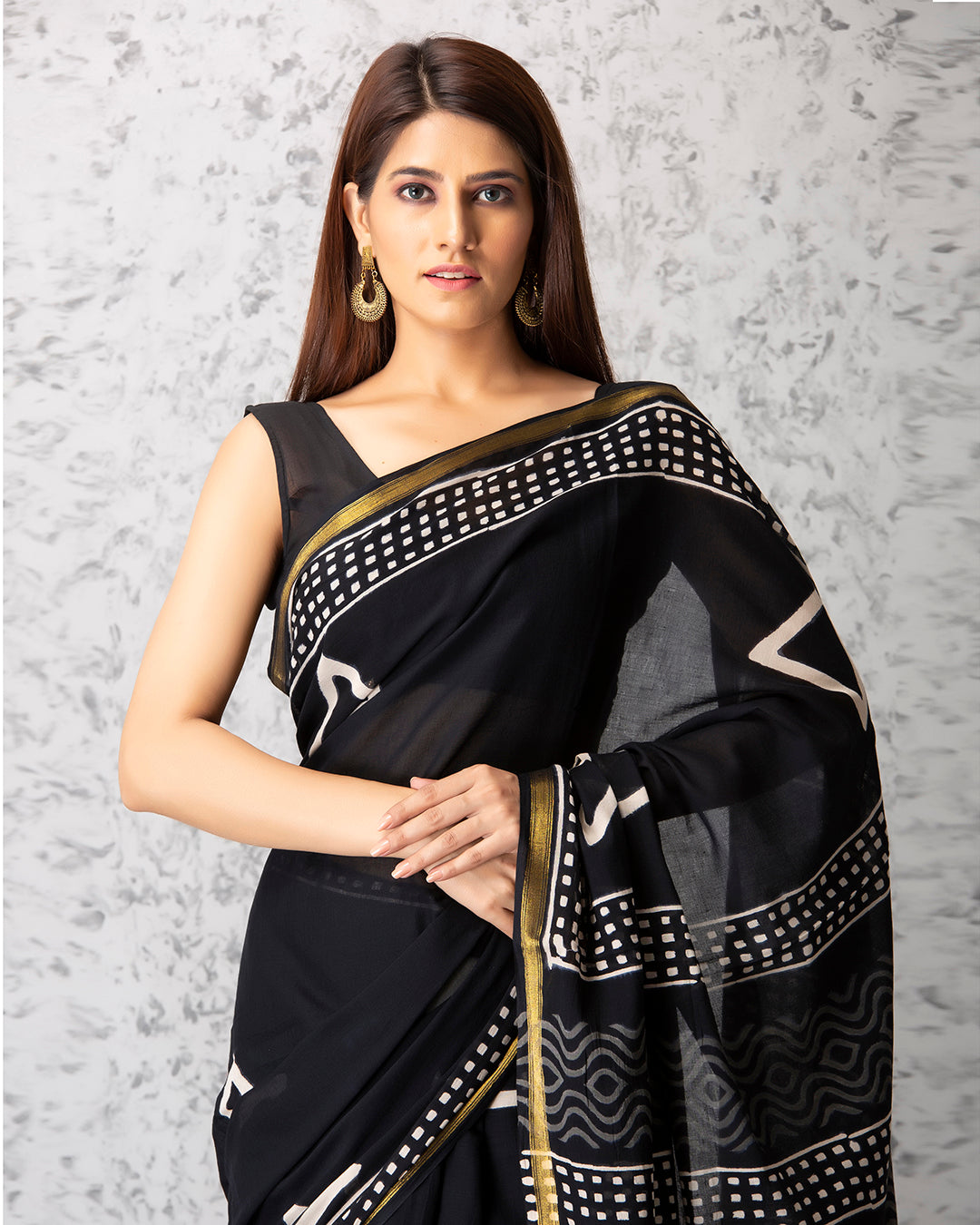 Handblock Print Mulmul Saree | Black Triangle Zari Border for Functions & Outings