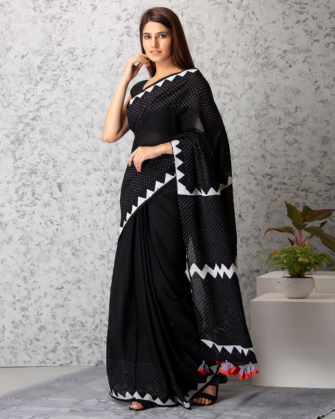 Handblock Print Mulmul Saree | Black Polka Dots Golden Border for Festive & Formal