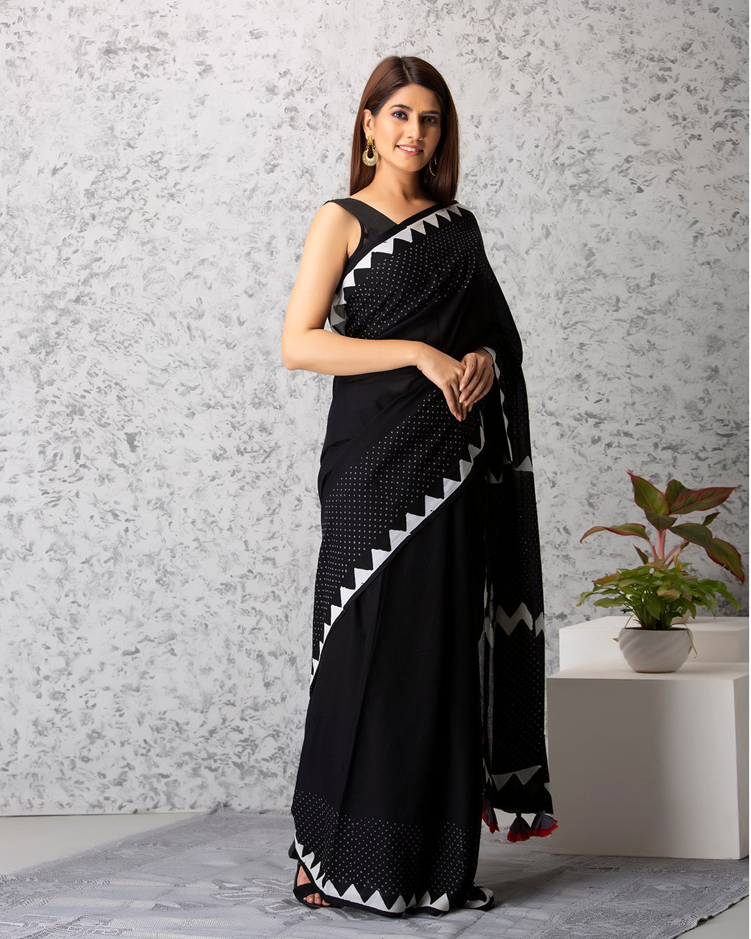 Handblock Print Mulmul Saree | Black Polka Dots Golden Border for Festive & Formal