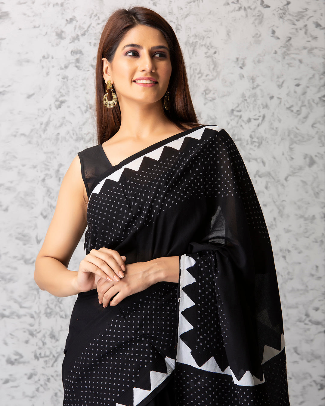 Handblock Print Mulmul Saree | Black Polka Dots Golden Border for Festive & Formal