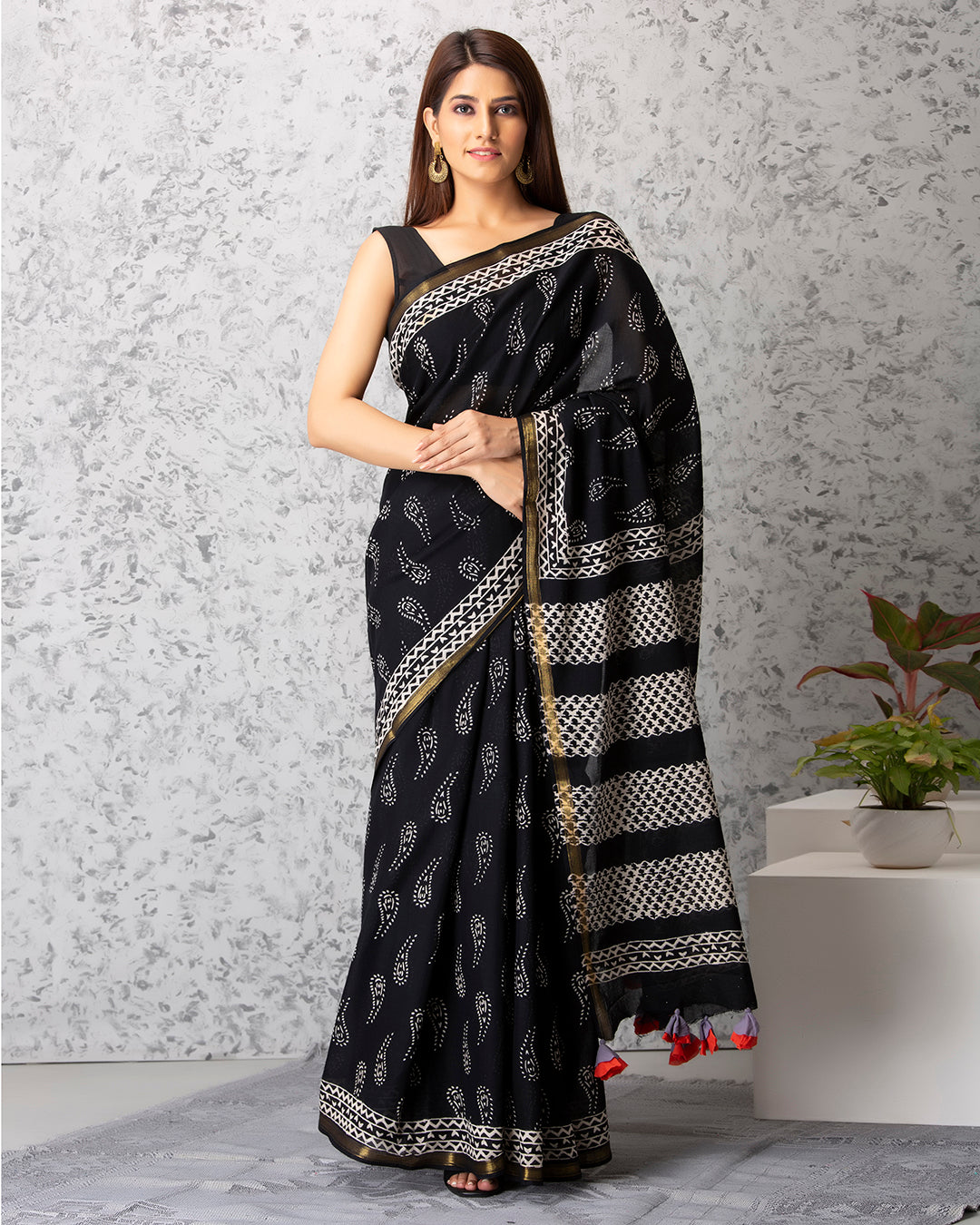 Handblock Print Mulmul Saree | Black Paisley Golden Border for Festive & Casual Wear