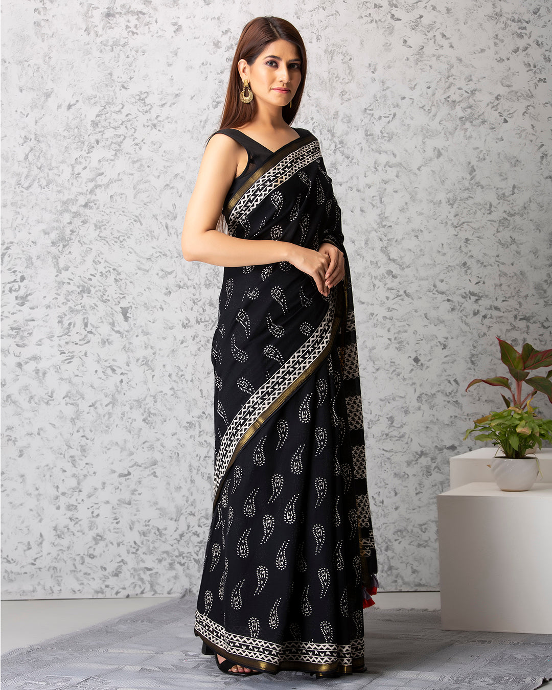 Handblock Print Mulmul Saree | Black Paisley Golden Border for Festive & Casual Wear