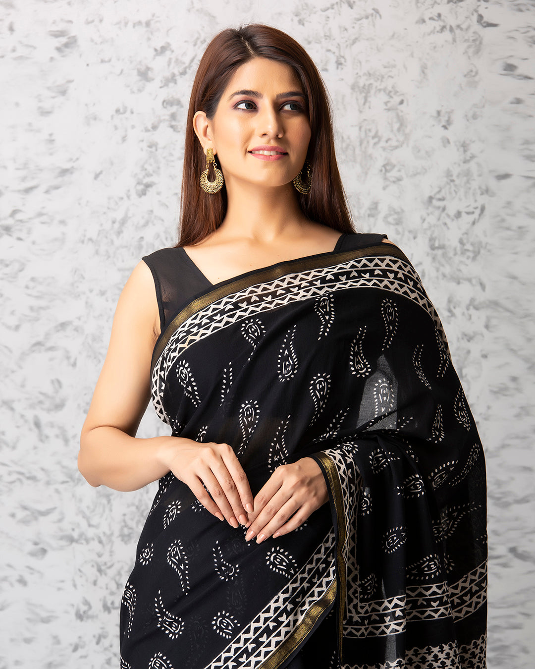 Handblock Print Mulmul Saree | Black Paisley Golden Border for Festive & Casual Wear