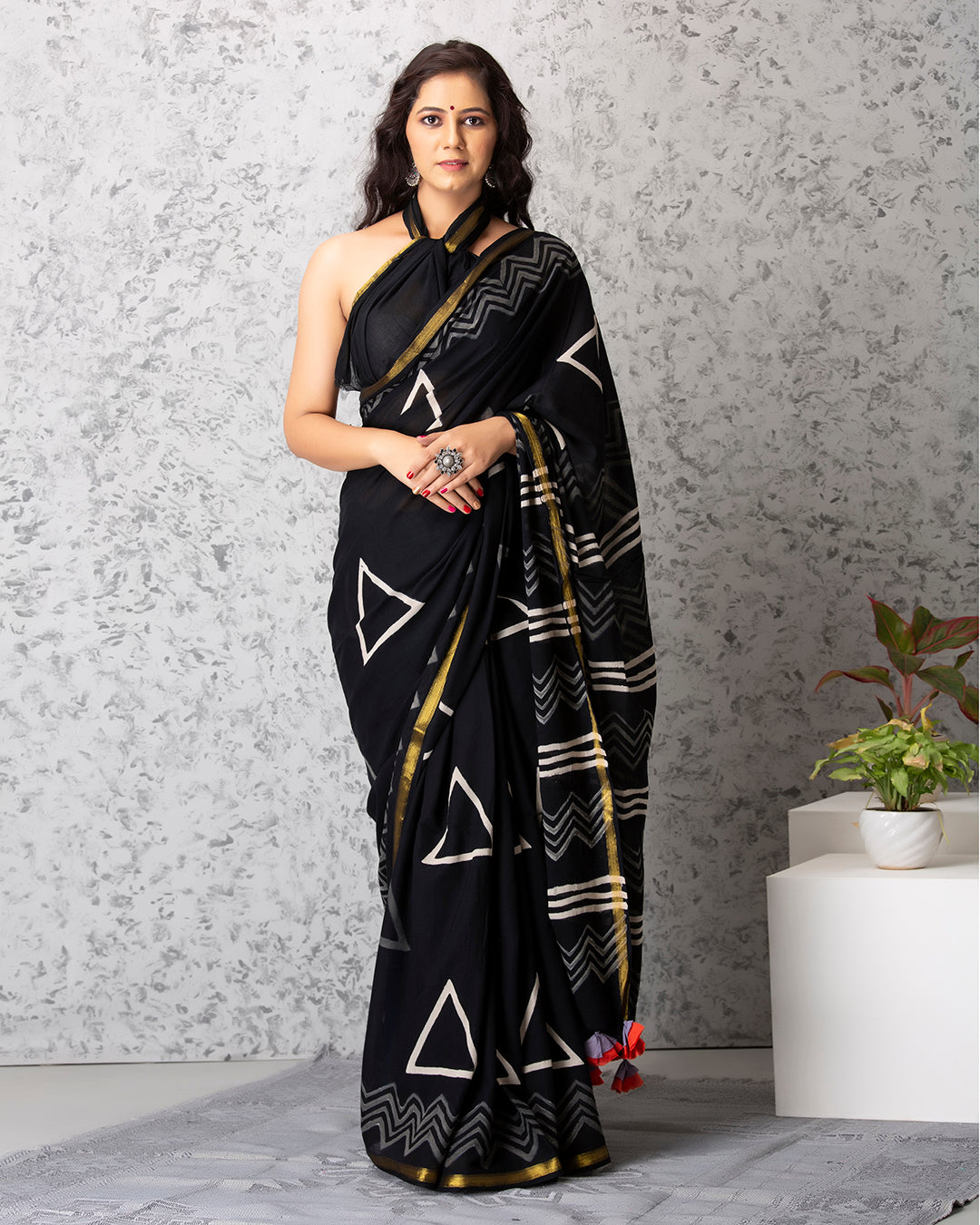 Handblock Print Mulmul Saree | Black Geometric Golden Border for Office & Gatherings