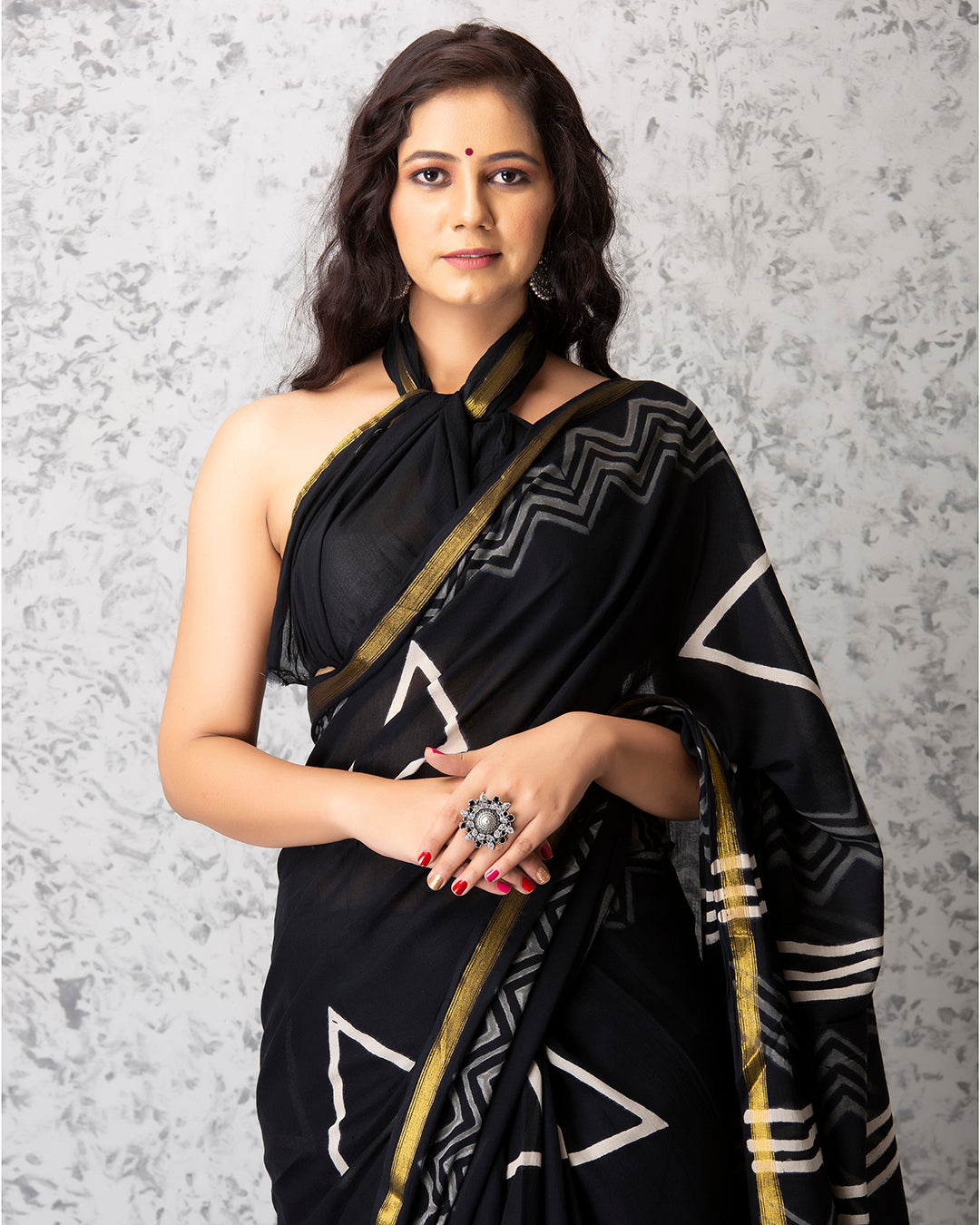 Handblock Print Mulmul Saree | Black Geometric Golden Border for Office & Gatherings