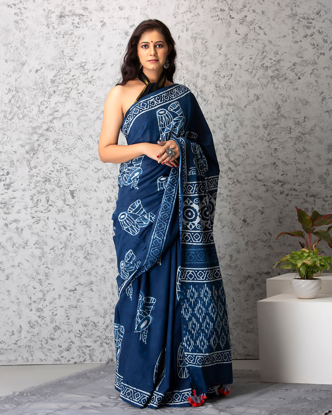 indigo dhol hand block saree