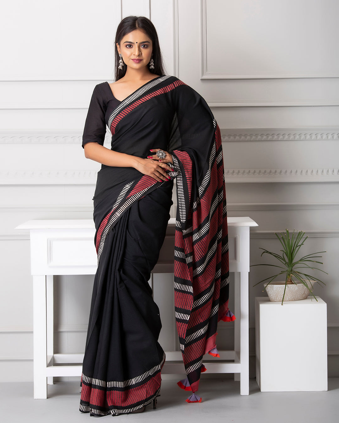 Handblock Print Mulmul Saree | Black Red Linear for Work, Festive & Casual Wear