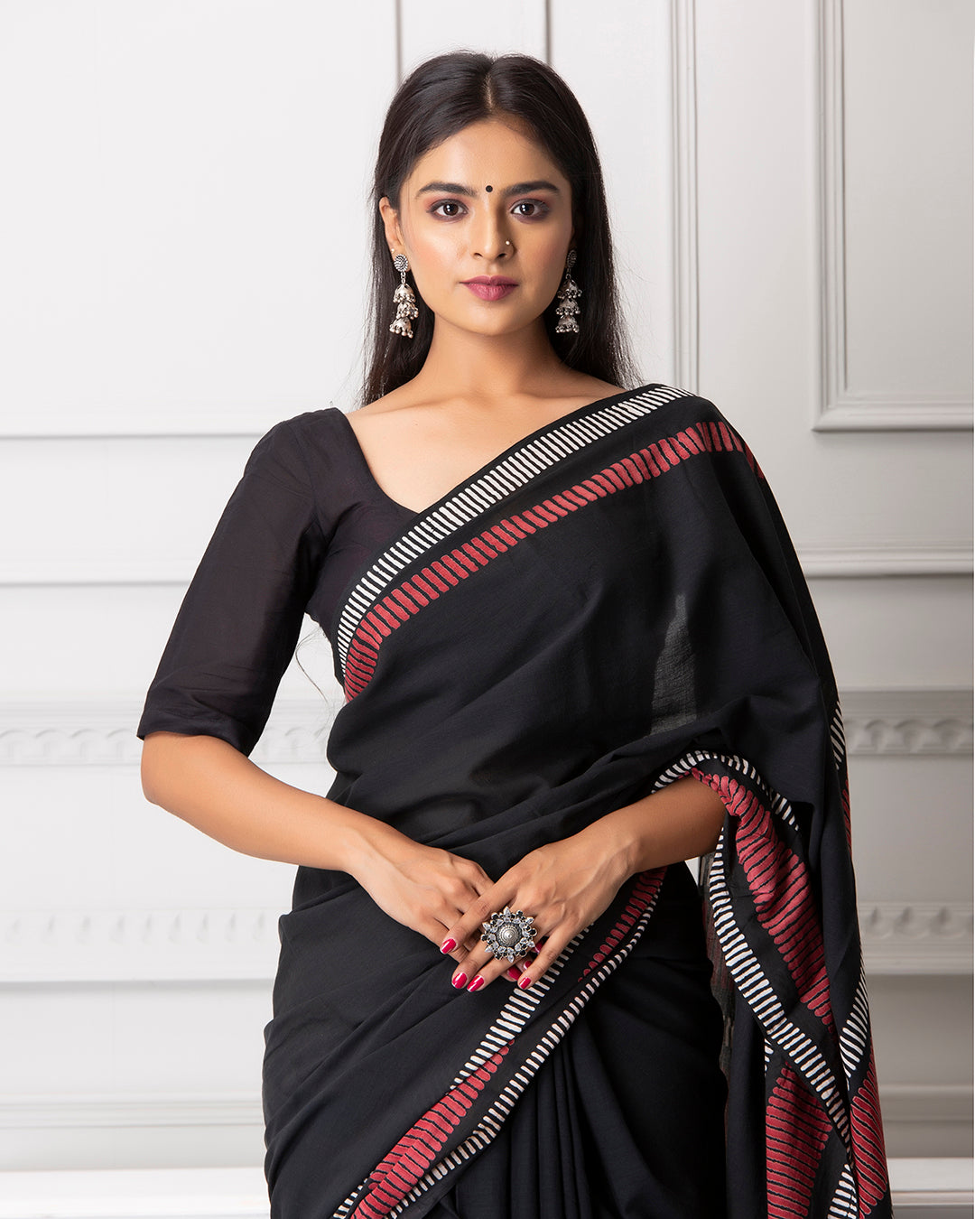 Handblock Print Mulmul Saree | Black Red Linear for Work, Festive & Casual Wear