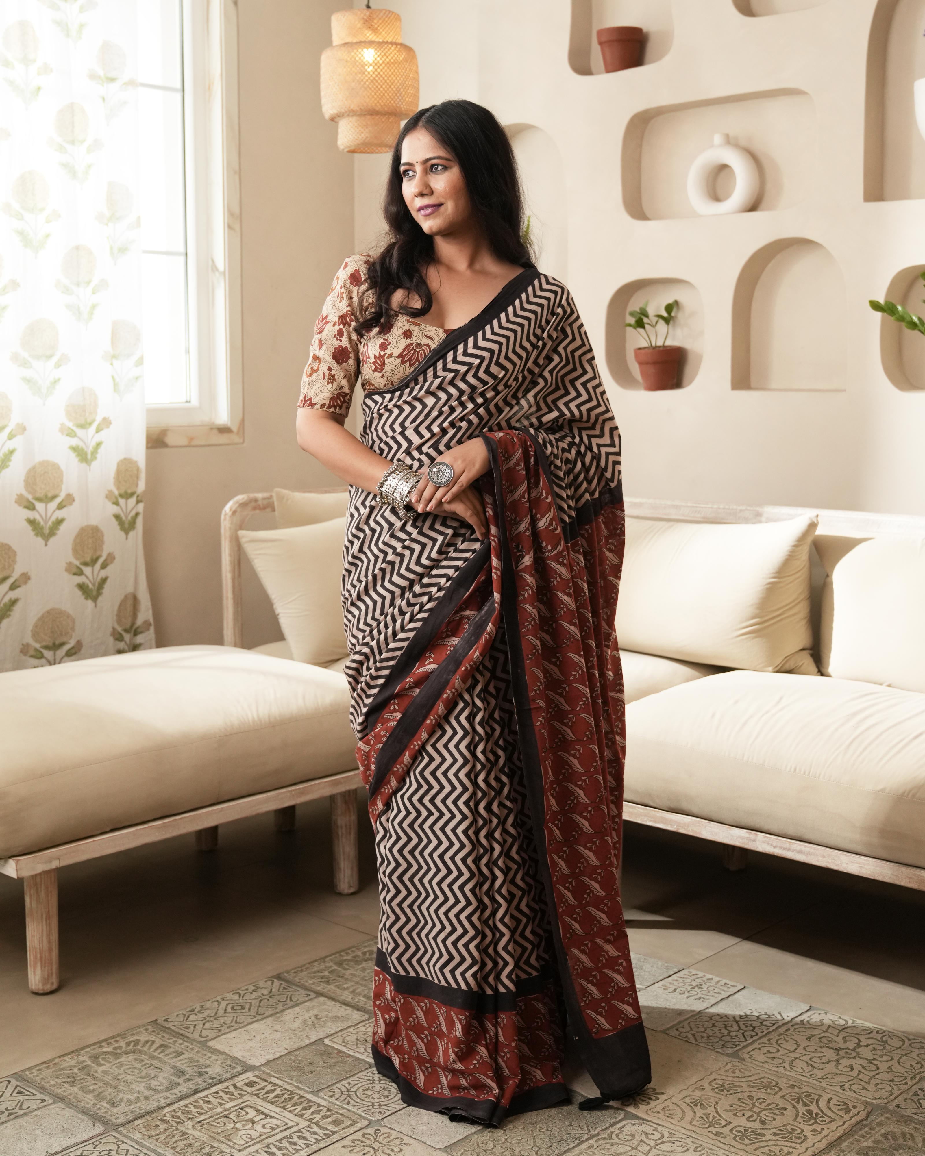 Bagru Print Mul Cotton Saree | Black Zigzag for Office, Daily & Casual Occasions