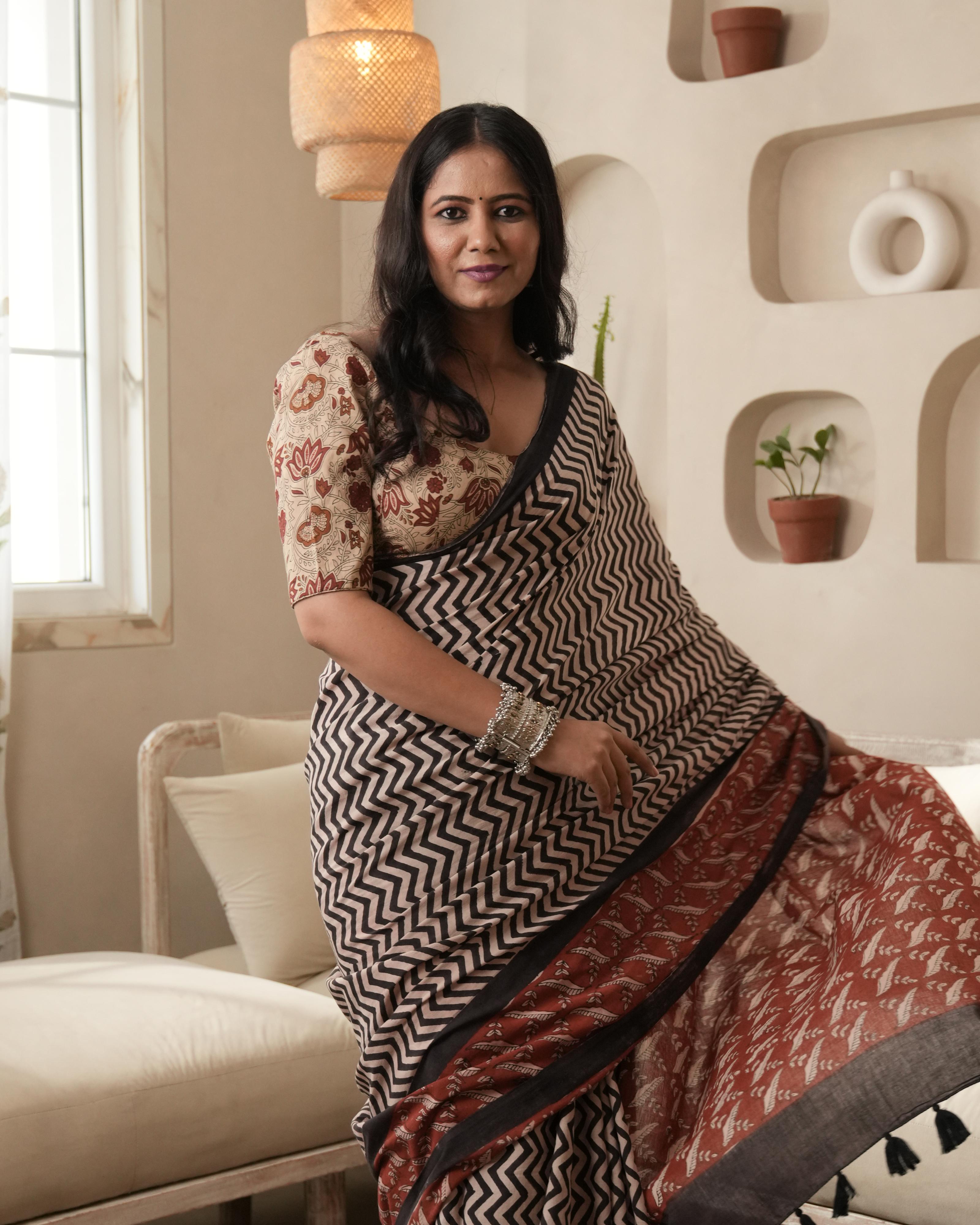 Bagru Print Mul Cotton Saree | Black Zigzag for Office, Daily & Casual Occasions