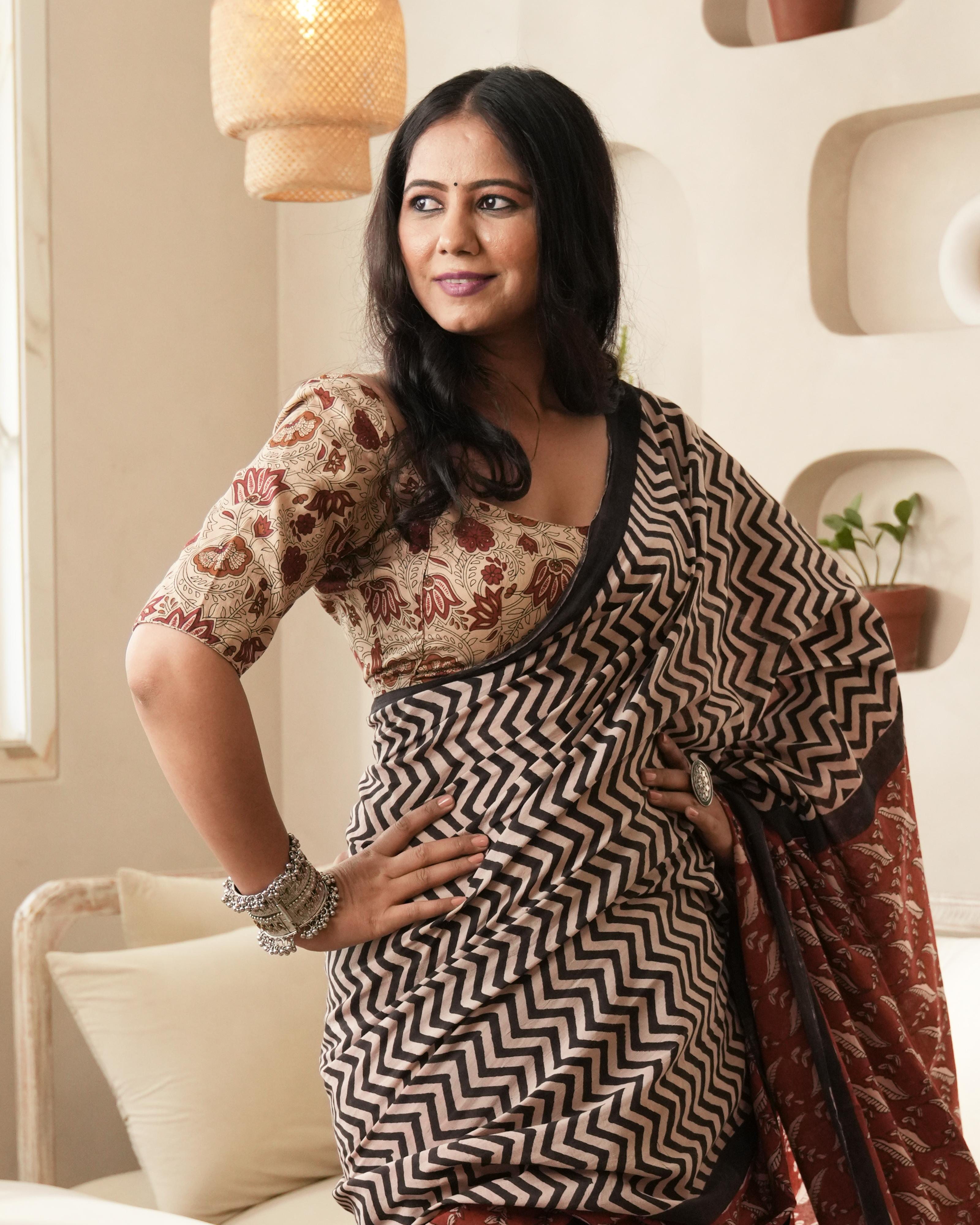 Bagru Print Mul Cotton Saree | Black Zigzag for Office, Daily & Casual Occasions