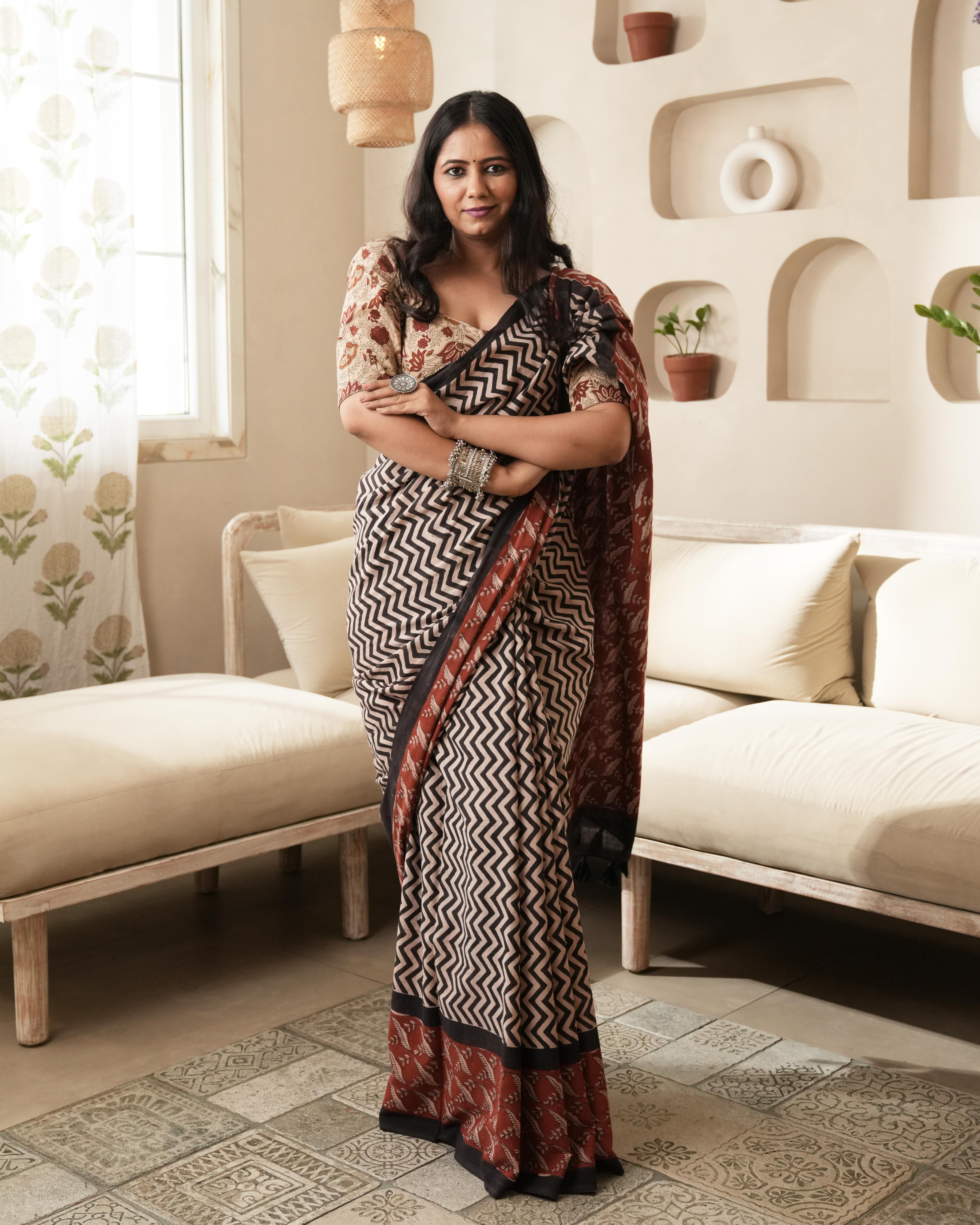 Bagru Print Mul Cotton Saree | Black Zigzag for Office, Daily & Casual Occasions