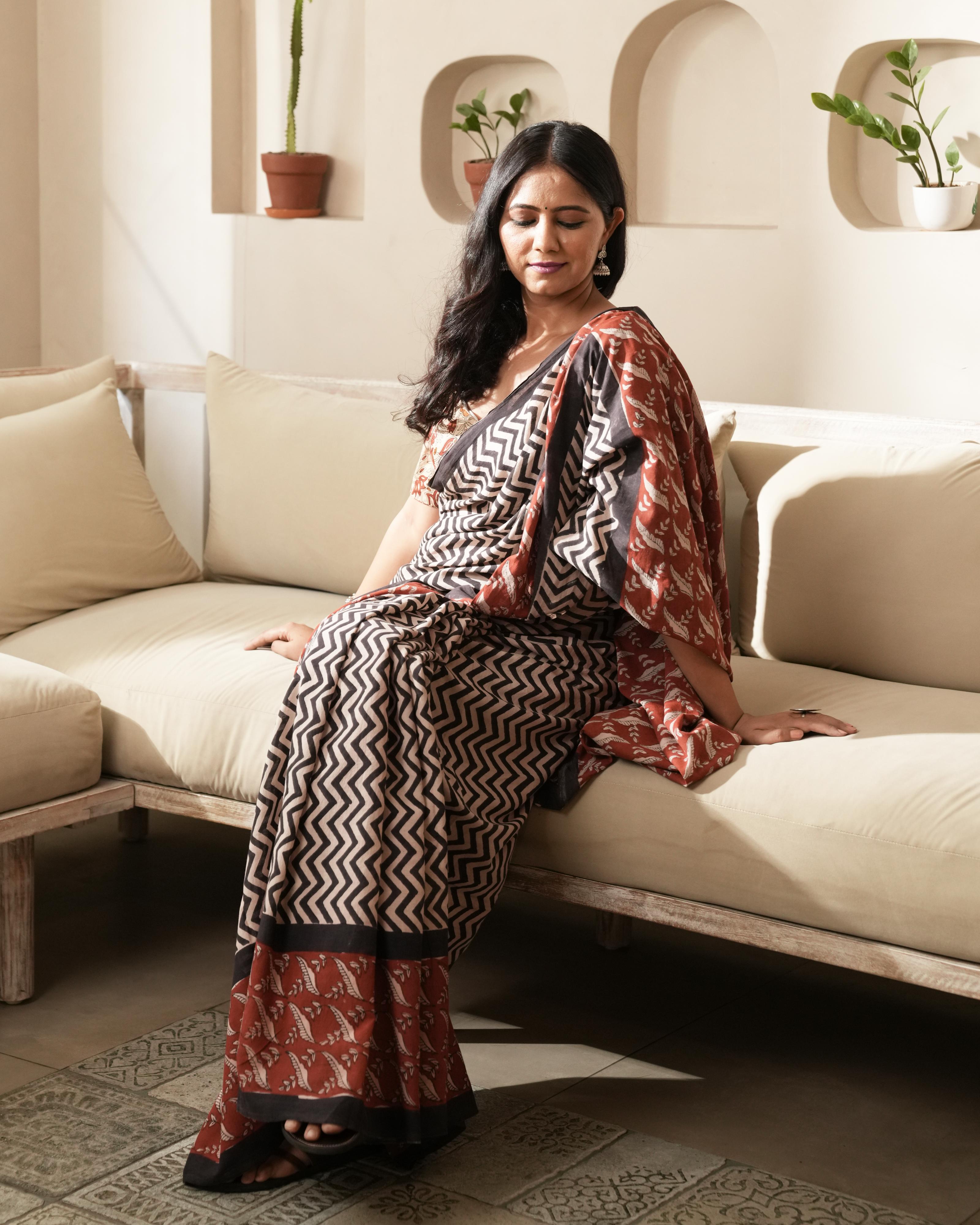 Bagru Print Mul Cotton Saree | Black Zigzag for Office, Daily & Casual Occasions