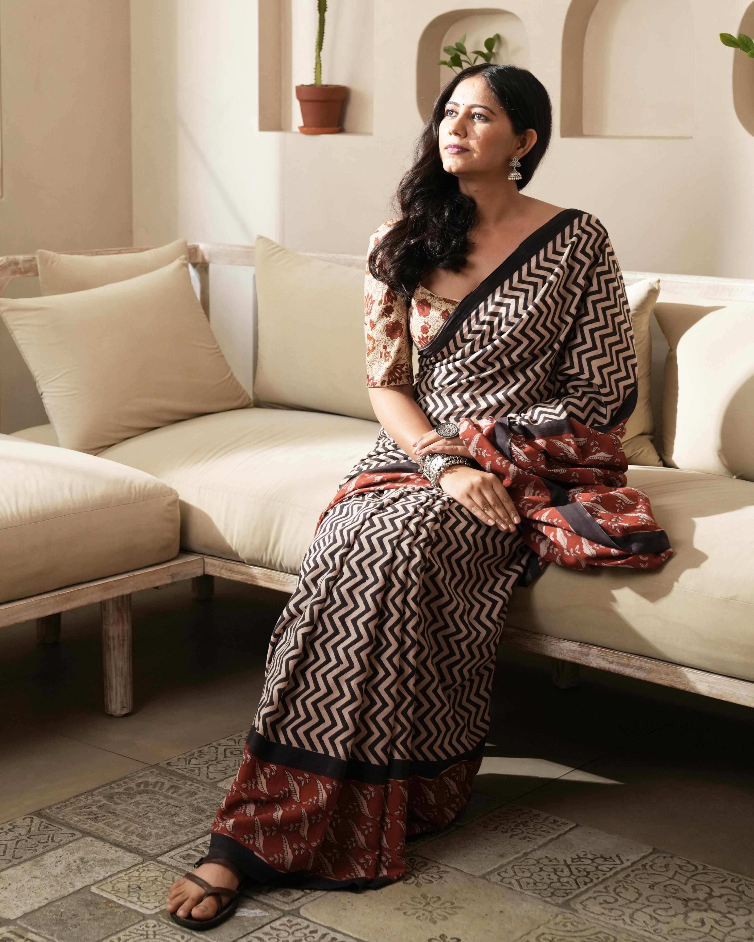 Bagru Print Mul Cotton Saree | Black Zigzag for Office, Daily & Casual Occasions