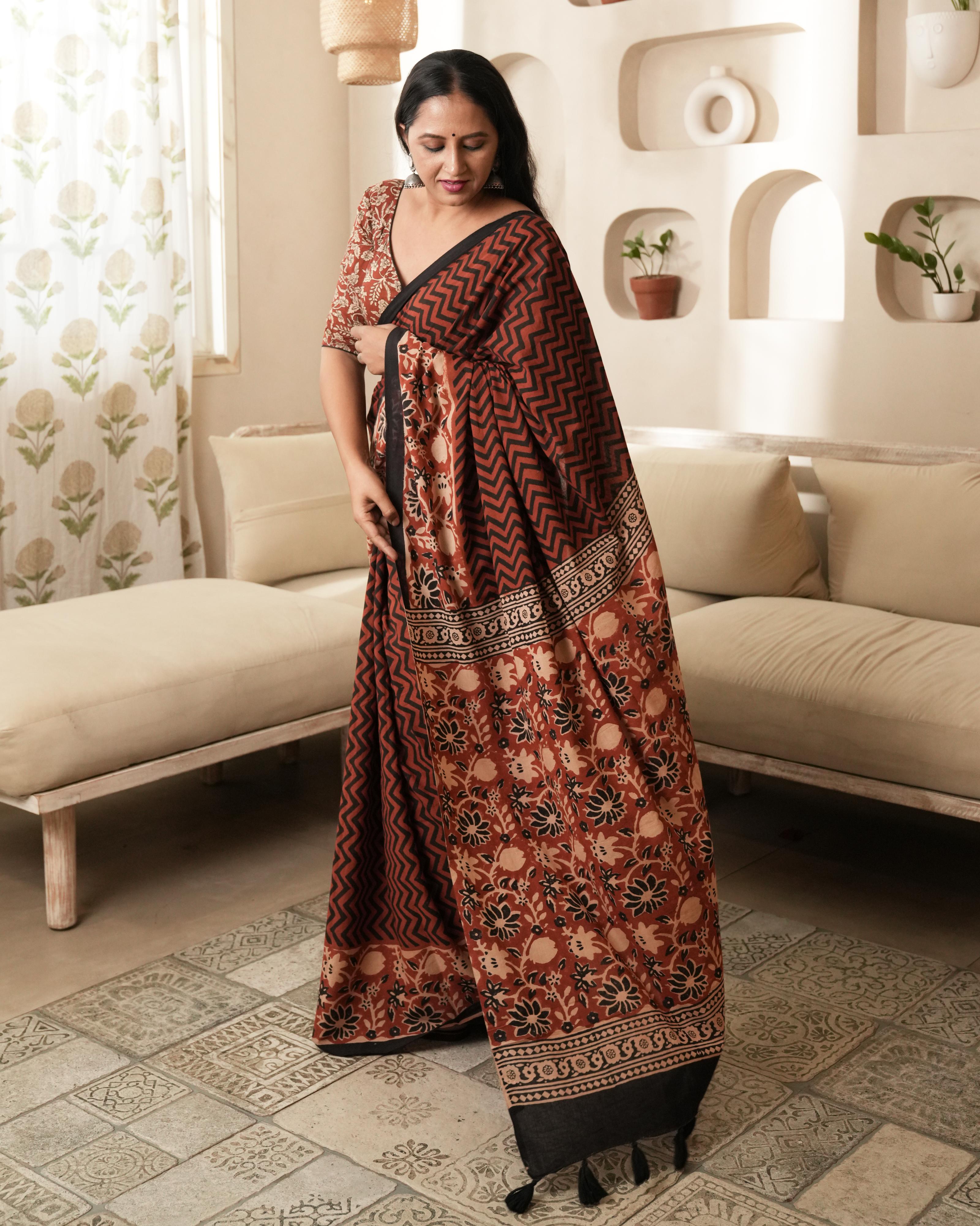 Bagru Print Mul Cotton Saree | Red Zigzag Jaal for Summer, Art Fairs & Festive Brunches