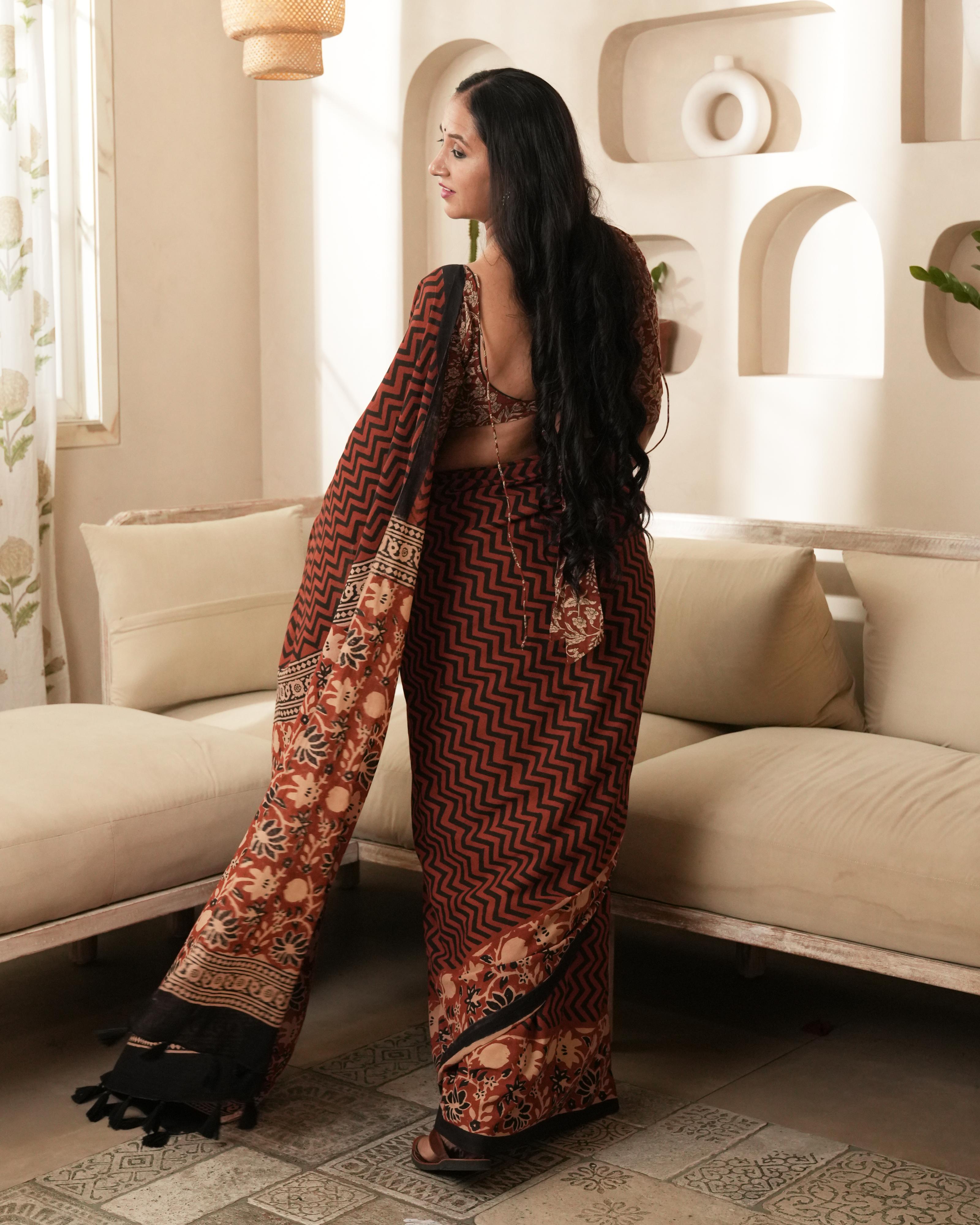 Bagru Print Mul Cotton Saree | Red Zigzag Jaal for Summer, Art Fairs & Festive Brunches