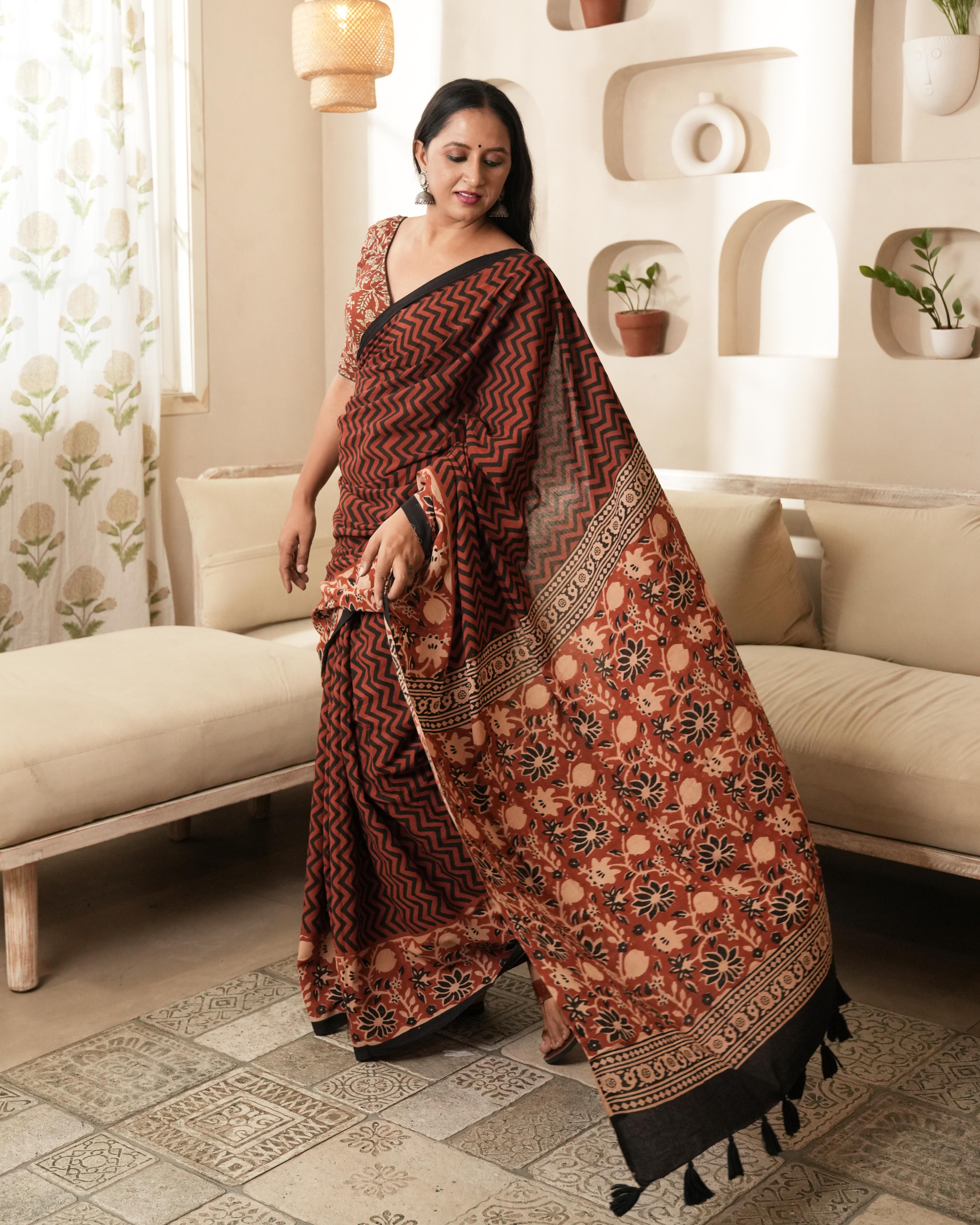 Bagru Print Mul Cotton Saree | Red Zigzag Jaal for Summer, Art Fairs & Festive Brunches