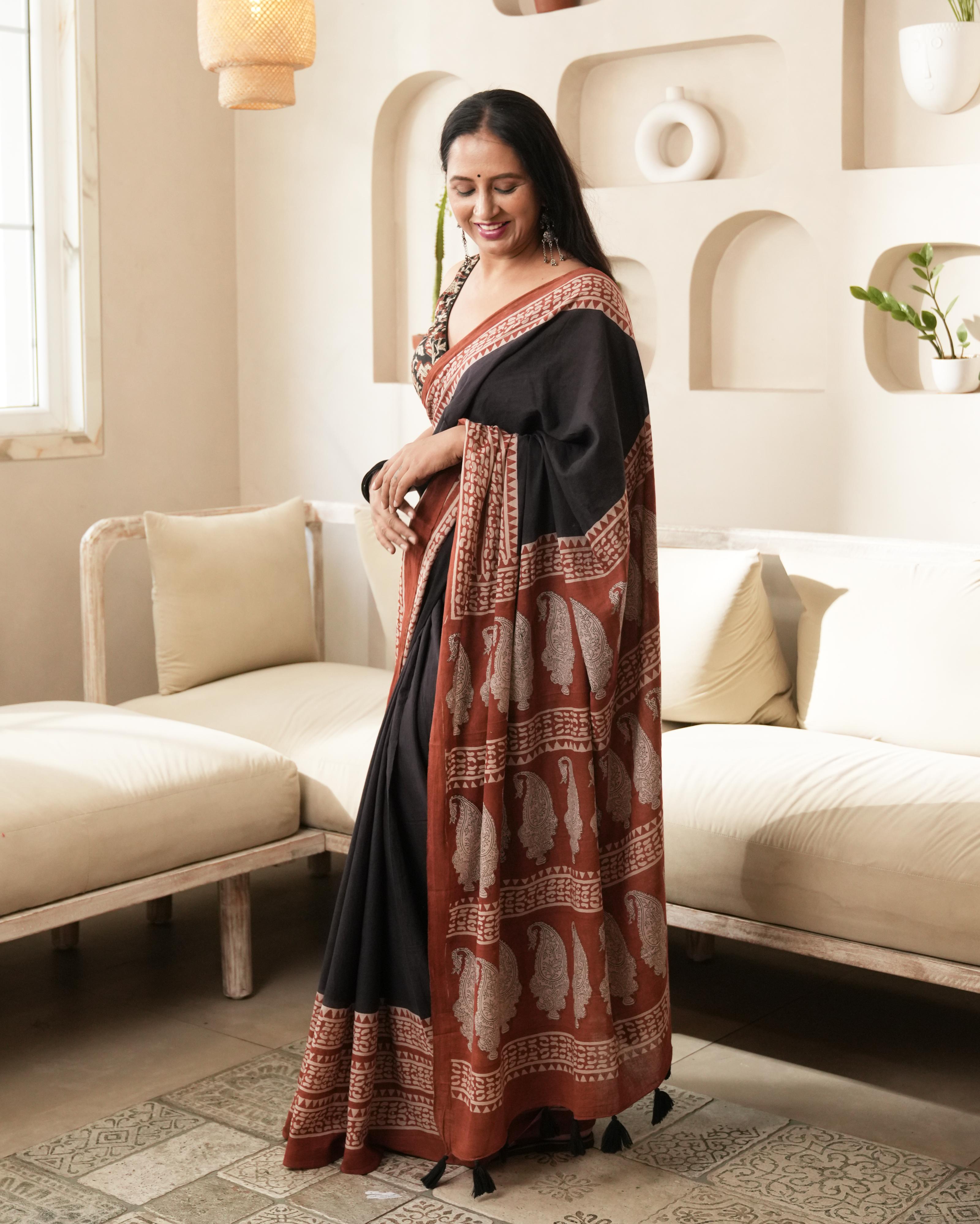 Bagru Print Mul Cotton Saree | Black Border for Everyday Elegance & Heritage Events