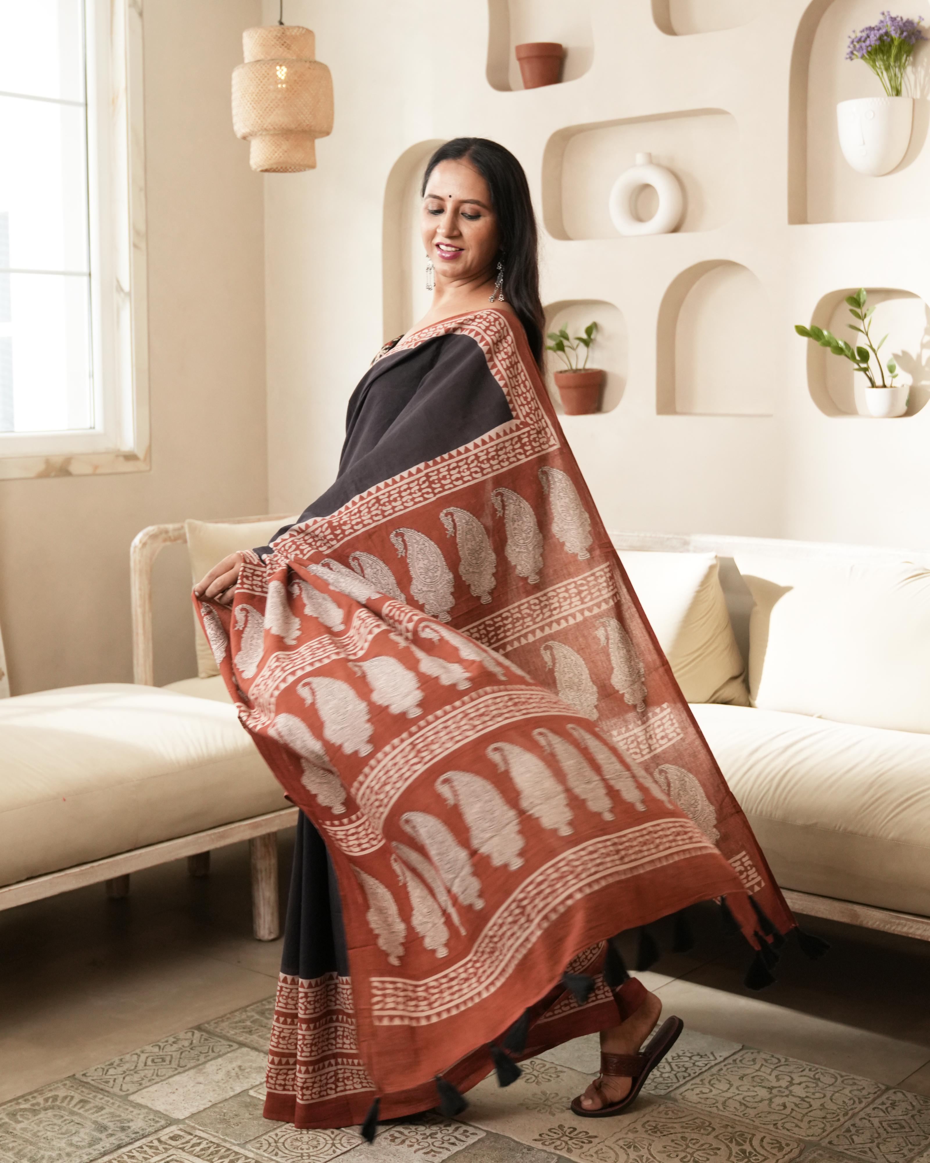 Bagru Print Mul Cotton Saree | Black Border for Everyday Elegance & Heritage Events