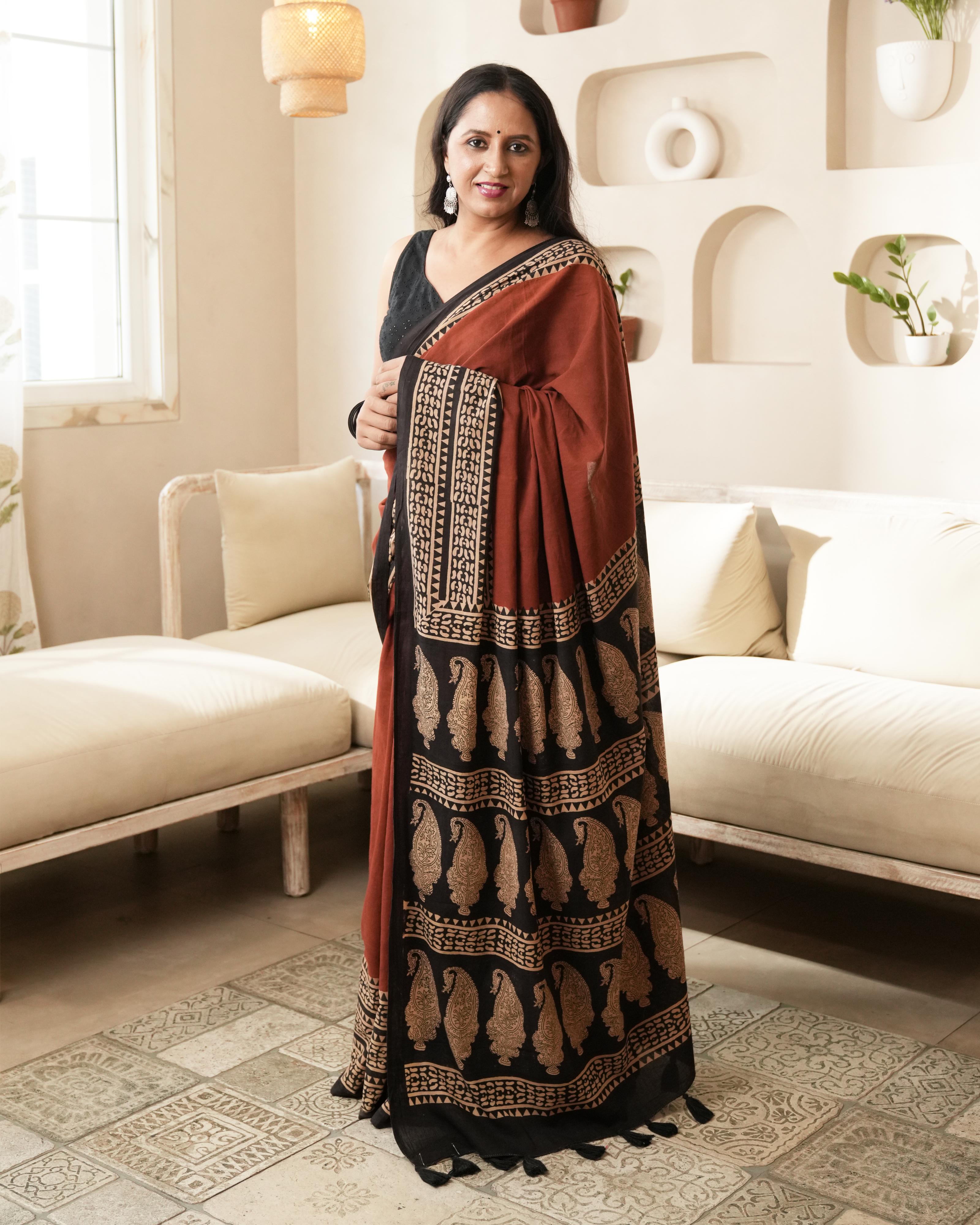 Bagru Print Mul Cotton Saree | Red Paisley Border for Everyday & Ethnic Workwear