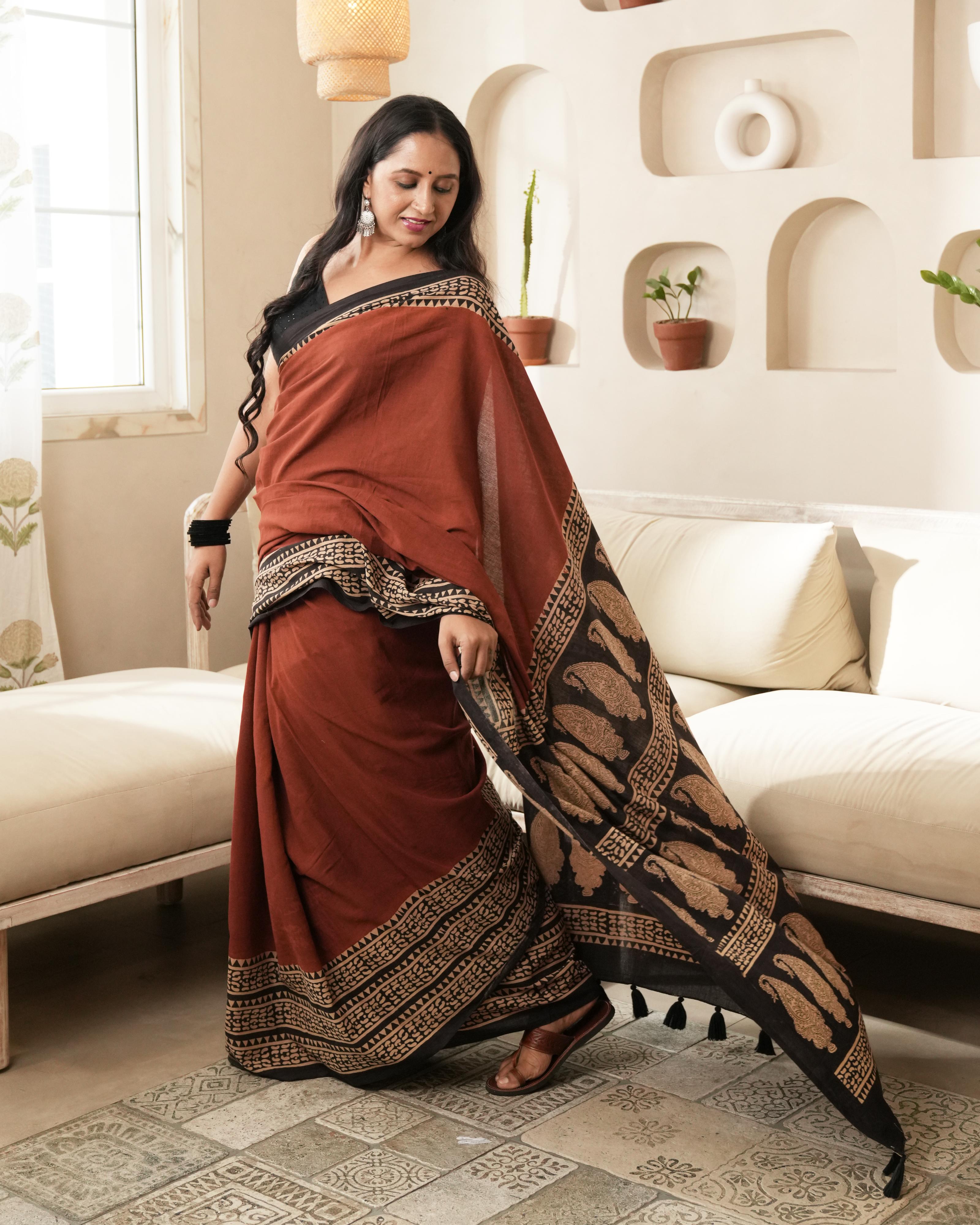 Bagru Print Mul Cotton Saree | Red Paisley Border for Everyday & Ethnic Workwear