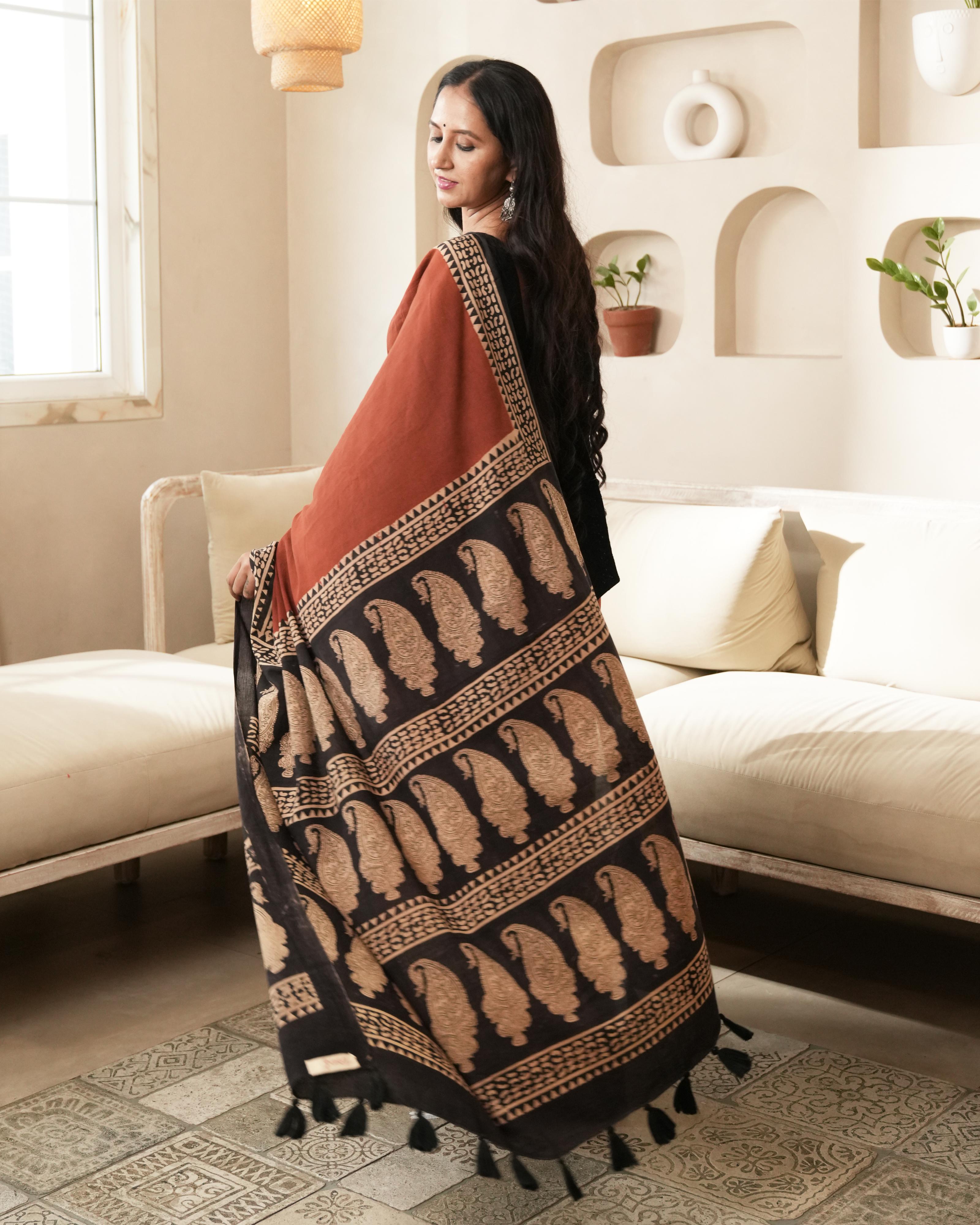 Bagru Print Mul Cotton Saree | Red Paisley Border for Everyday & Ethnic Workwear