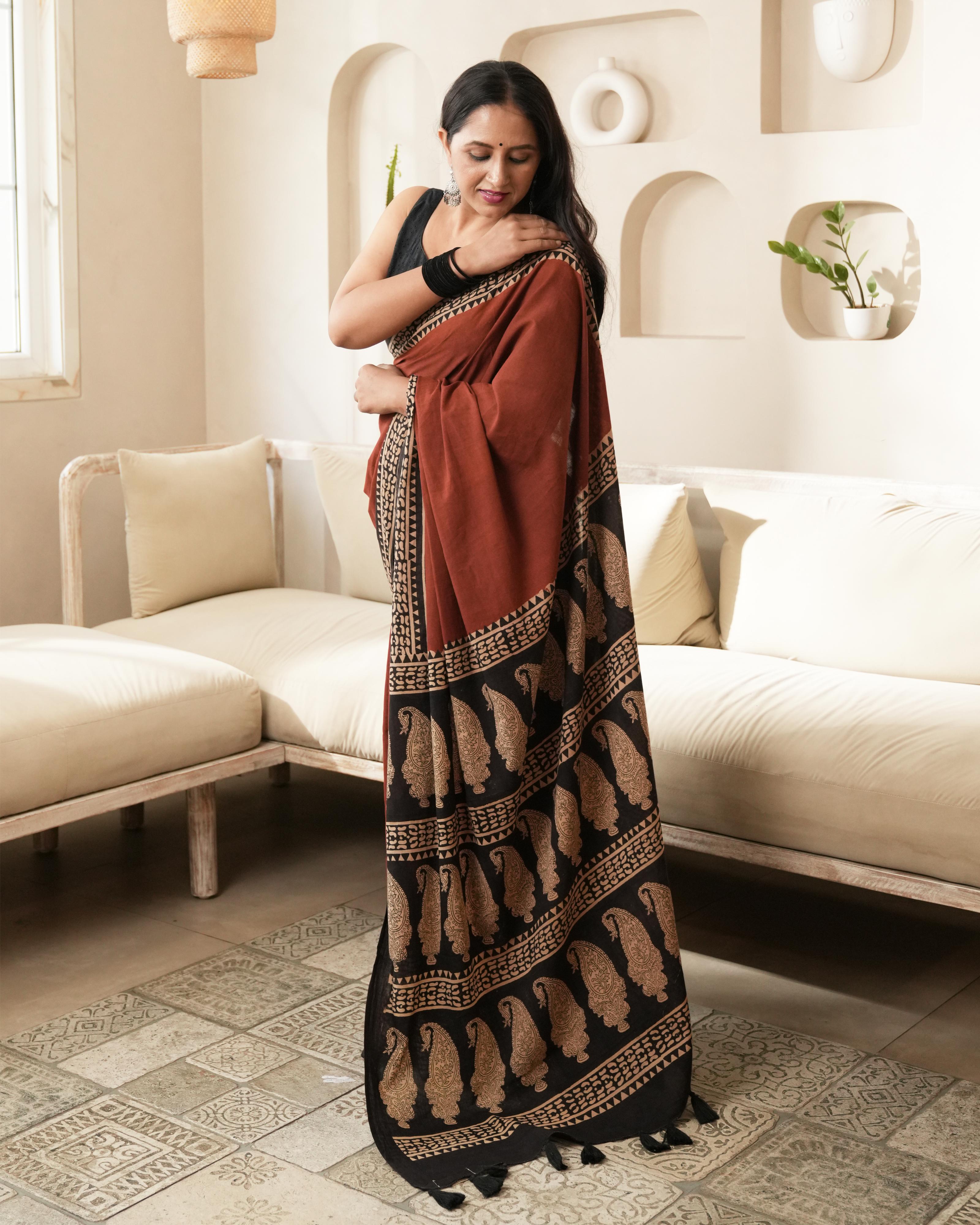 Bagru Print Mul Cotton Saree | Red Paisley Border for Everyday & Ethnic Workwear