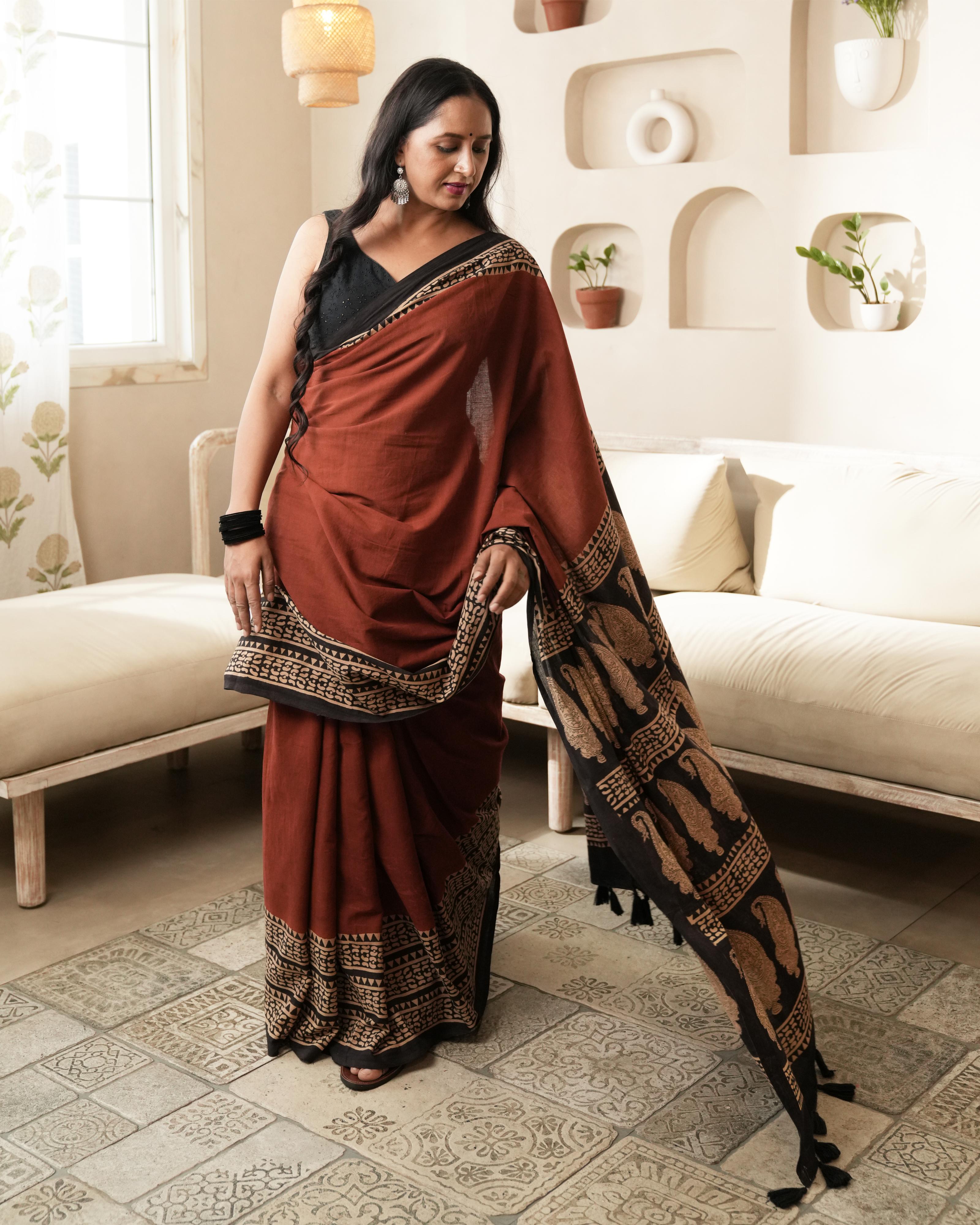 Bagru Print Mul Cotton Saree | Red Paisley Border for Everyday & Ethnic Workwear