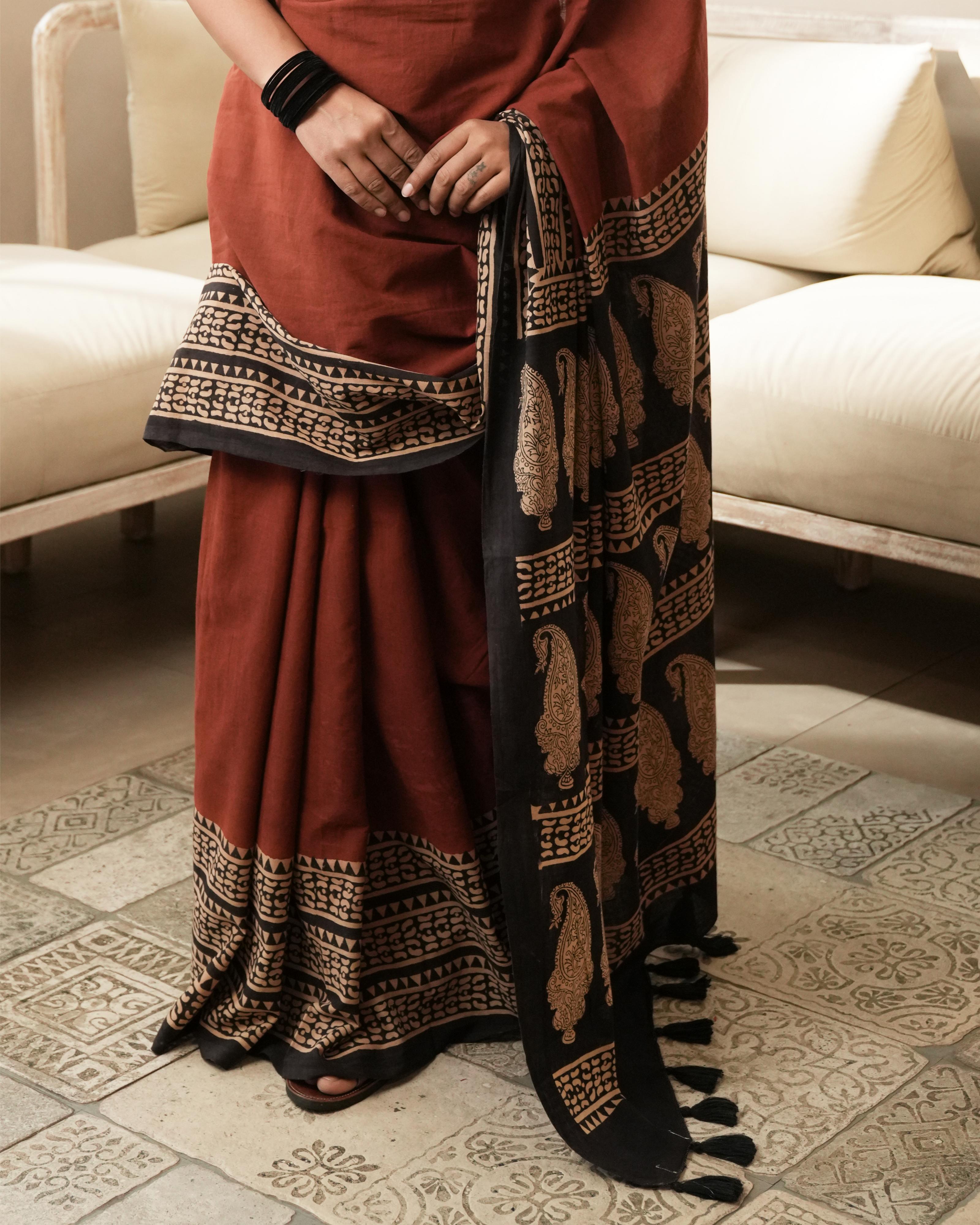 Bagru Print Mul Cotton Saree | Red Paisley Border for Everyday & Ethnic Workwear