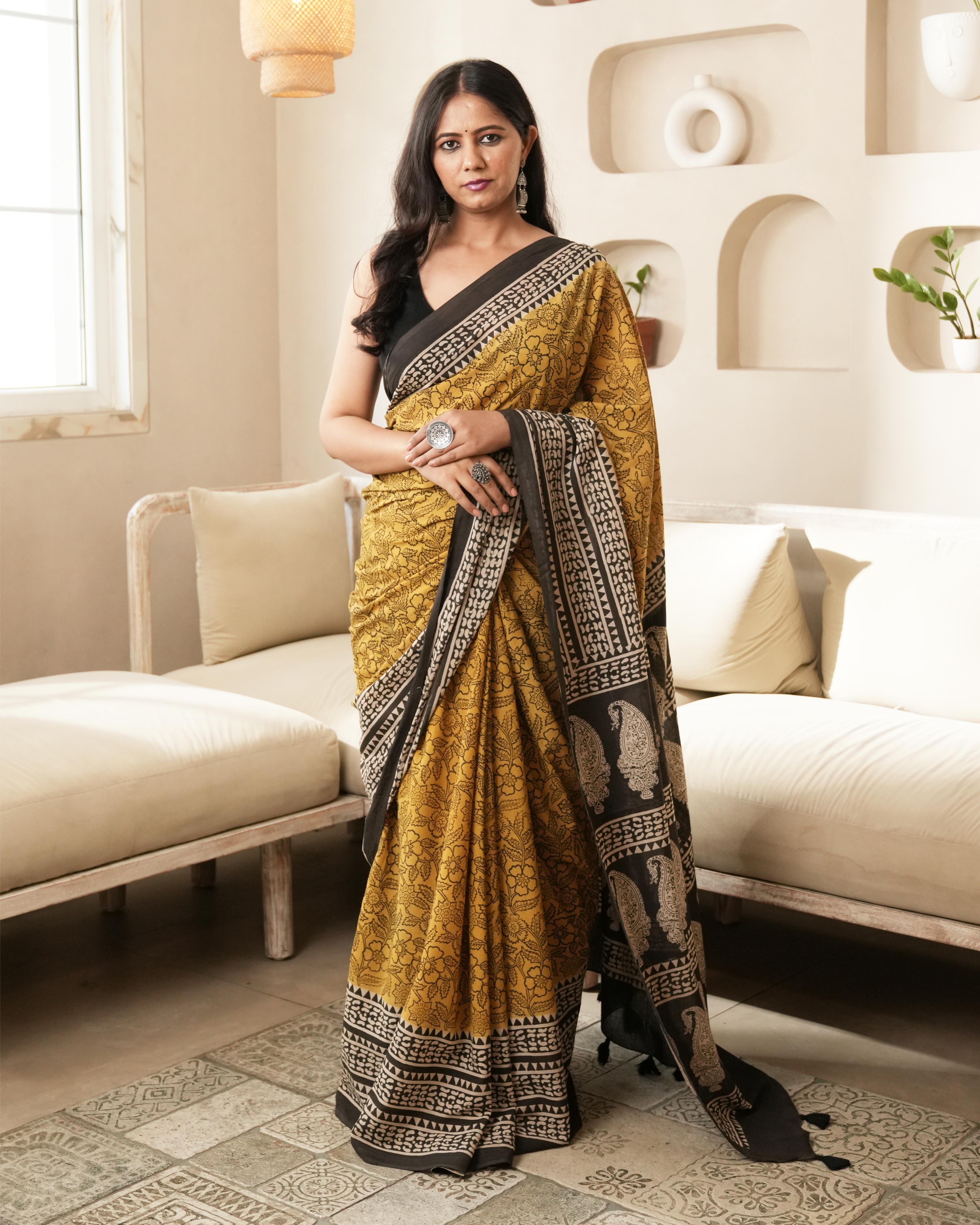 Bagru Print Mul Cotton Saree | Mustard Paisley for Summer, Workwear & Cultural Outings