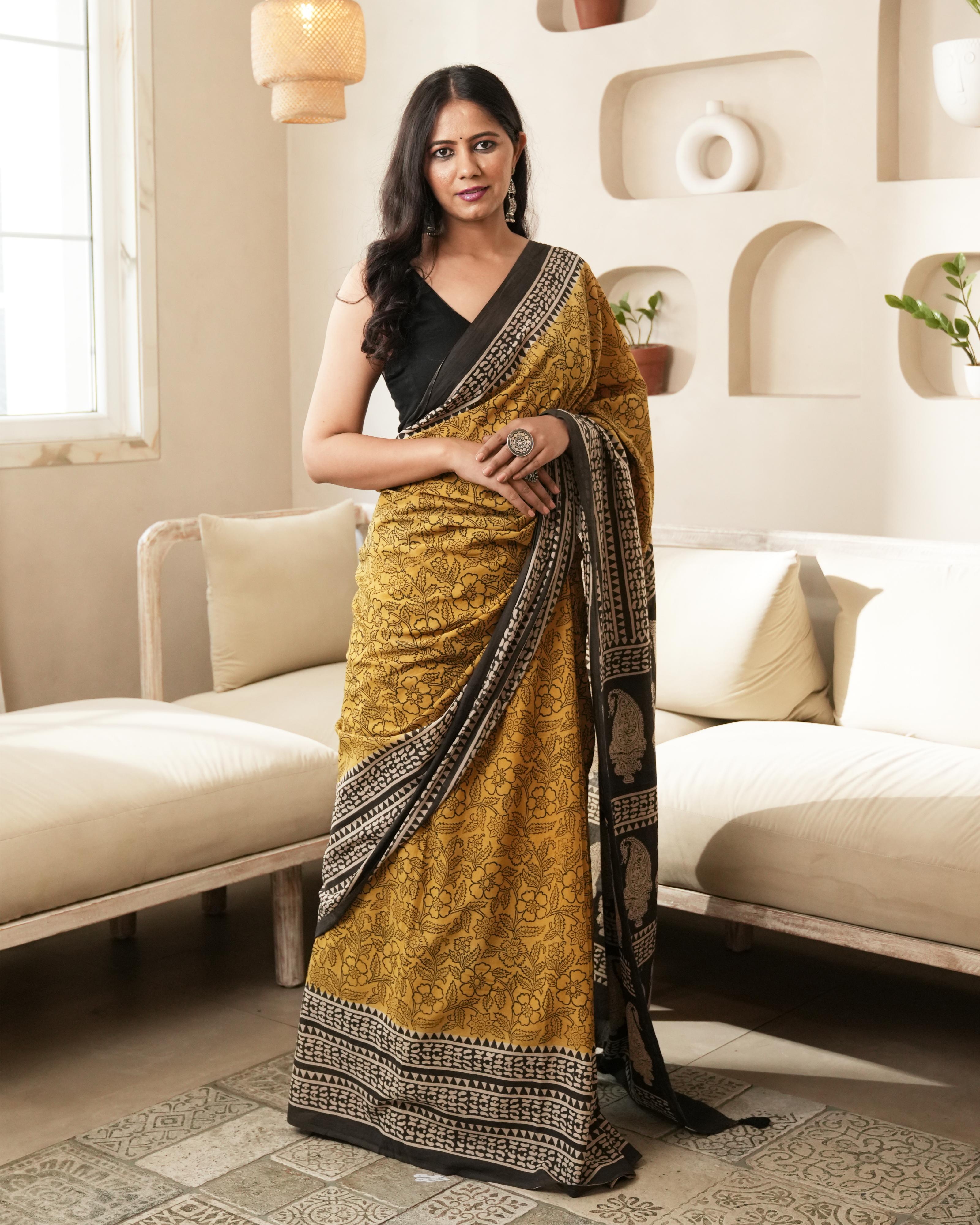 Bagru Print Mul Cotton Saree | Mustard Paisley for Summer, Workwear & Cultural Outings