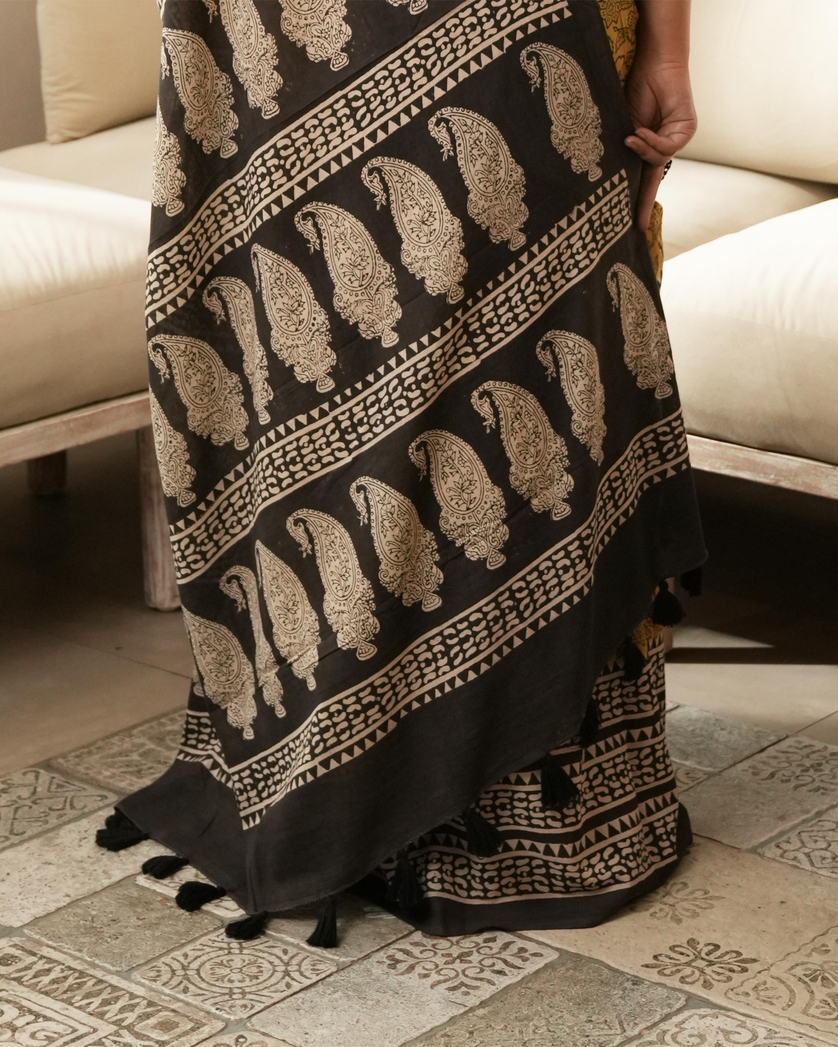 Bagru Print Mul Cotton Saree | Mustard Paisley for Summer, Workwear & Cultural Outings