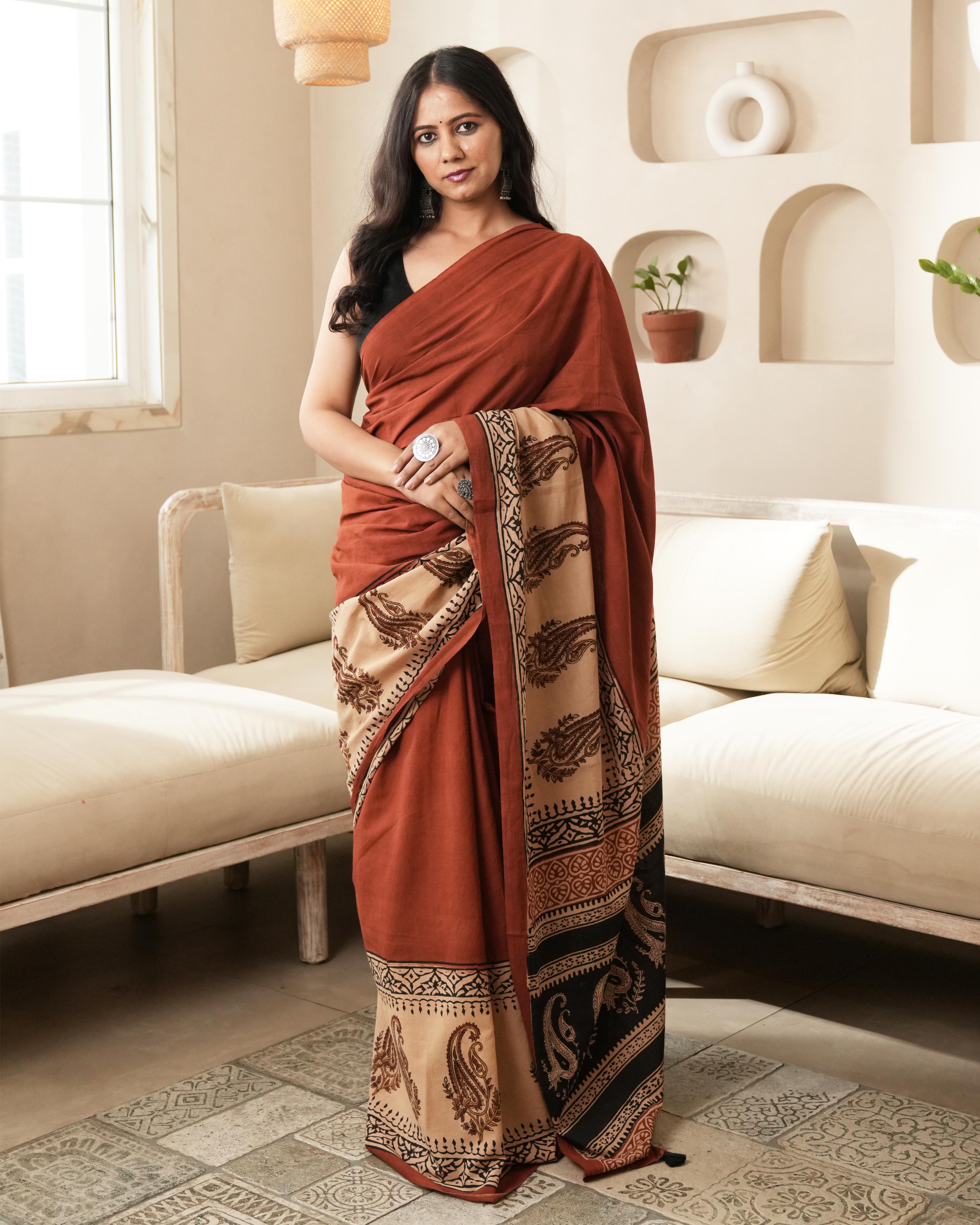 Bagru Print Mul Cotton Saree | Red Paisley for Workwear, Summer & Cultural Celebrations