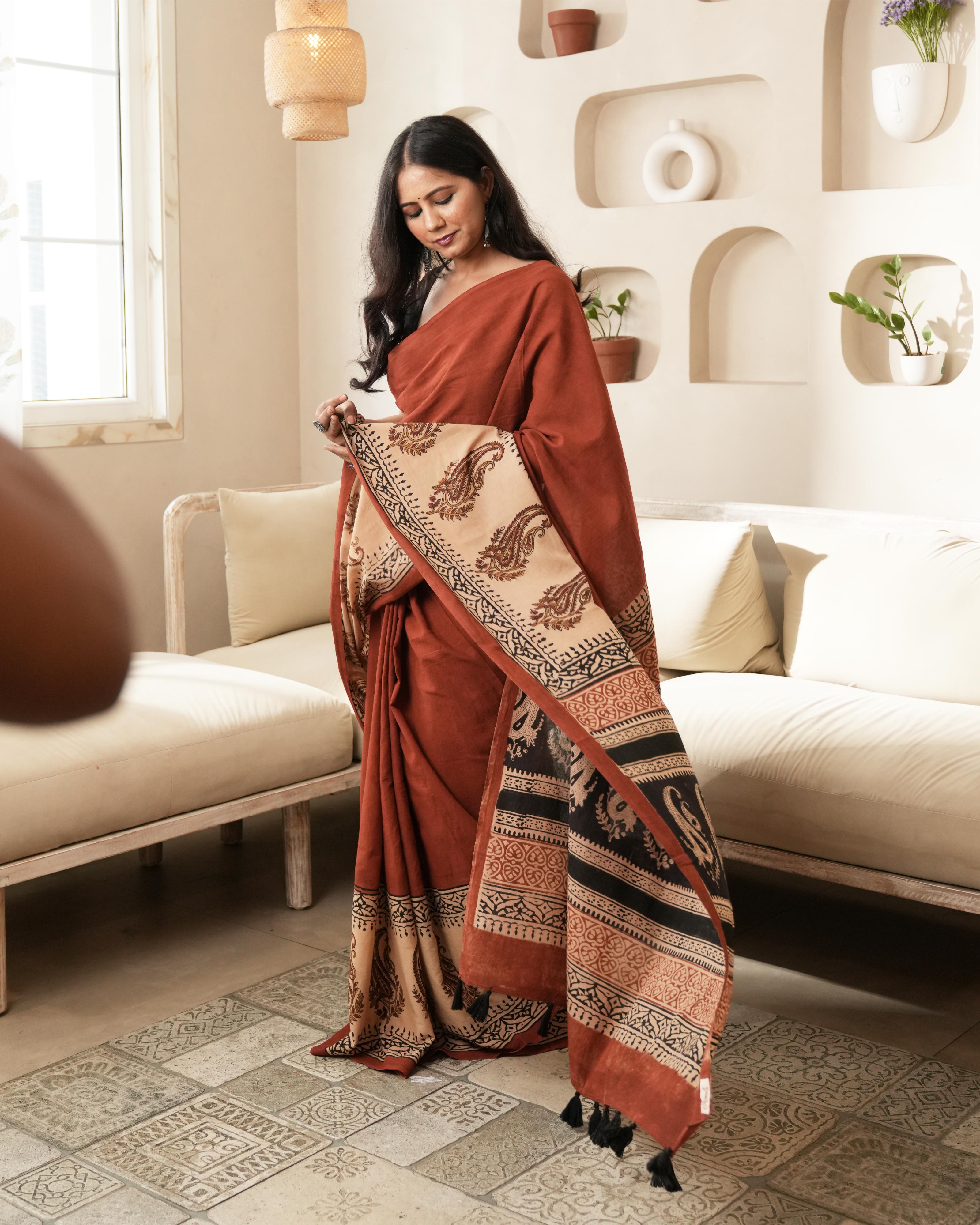 Bagru Print Mul Cotton Saree | Red Paisley for Workwear, Summer & Cultural Celebrations