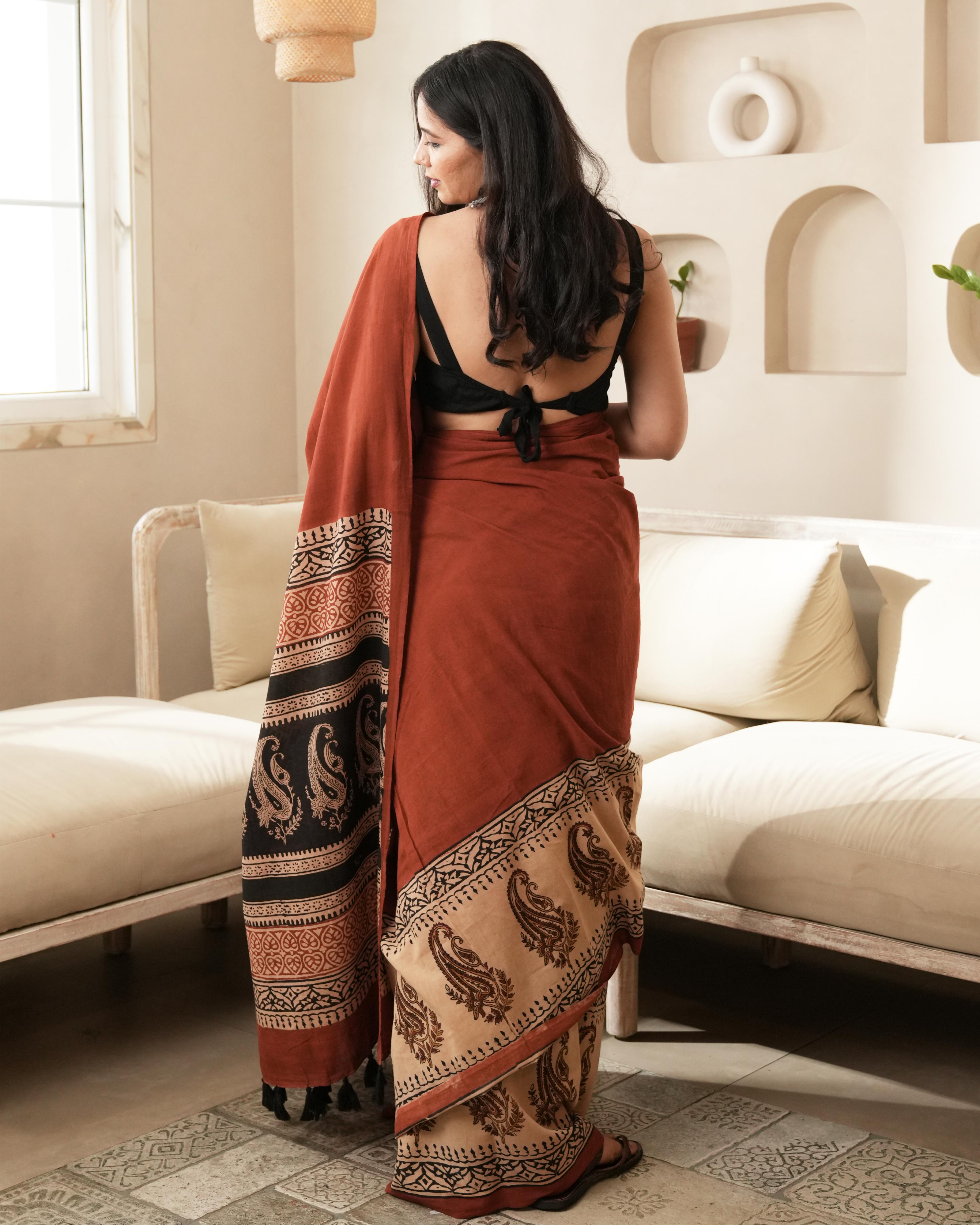 Bagru Print Mul Cotton Saree | Red Paisley for Workwear, Summer & Cultural Celebrations
