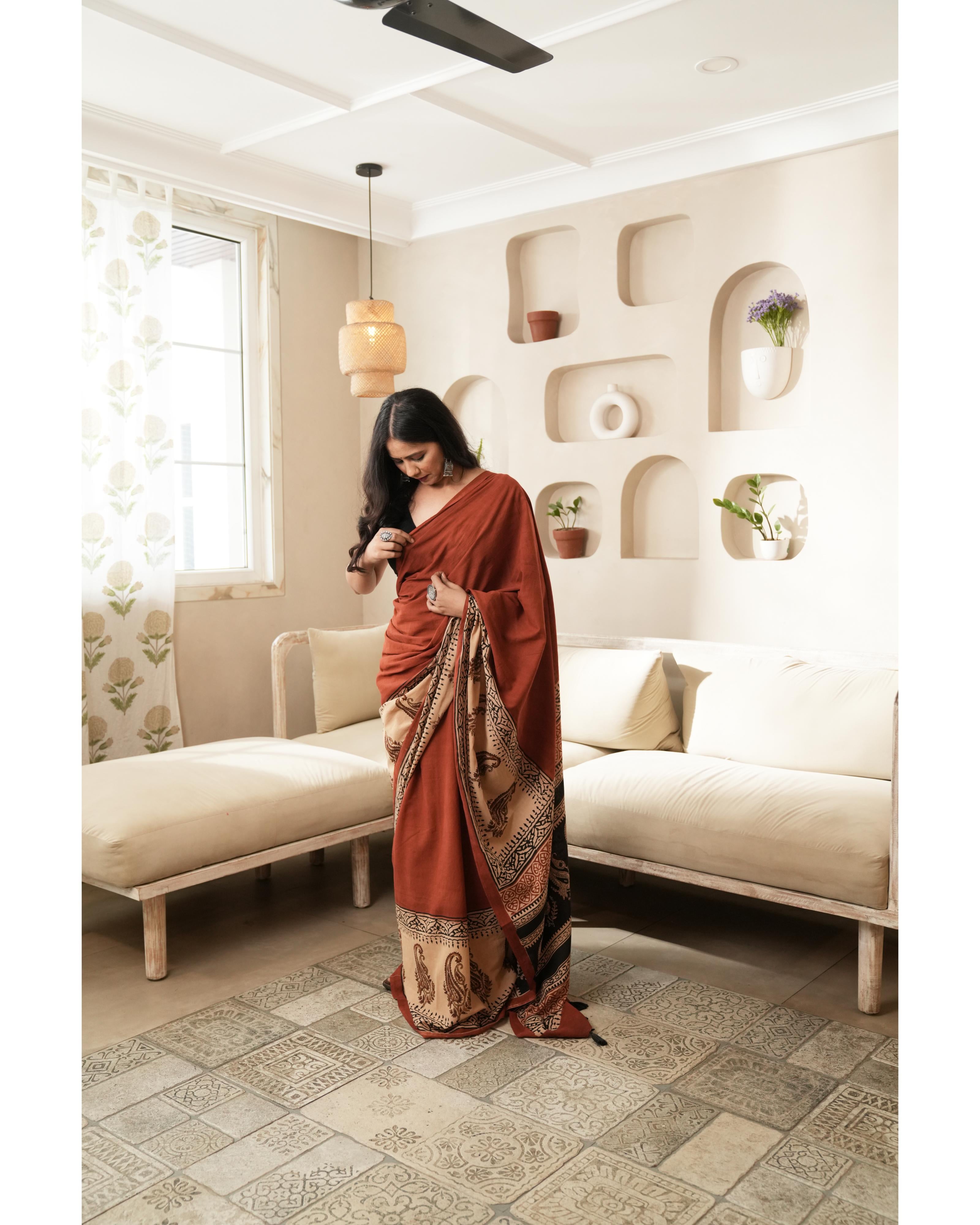 Bagru Print Mul Cotton Saree | Red Paisley for Workwear, Summer & Cultural Celebrations