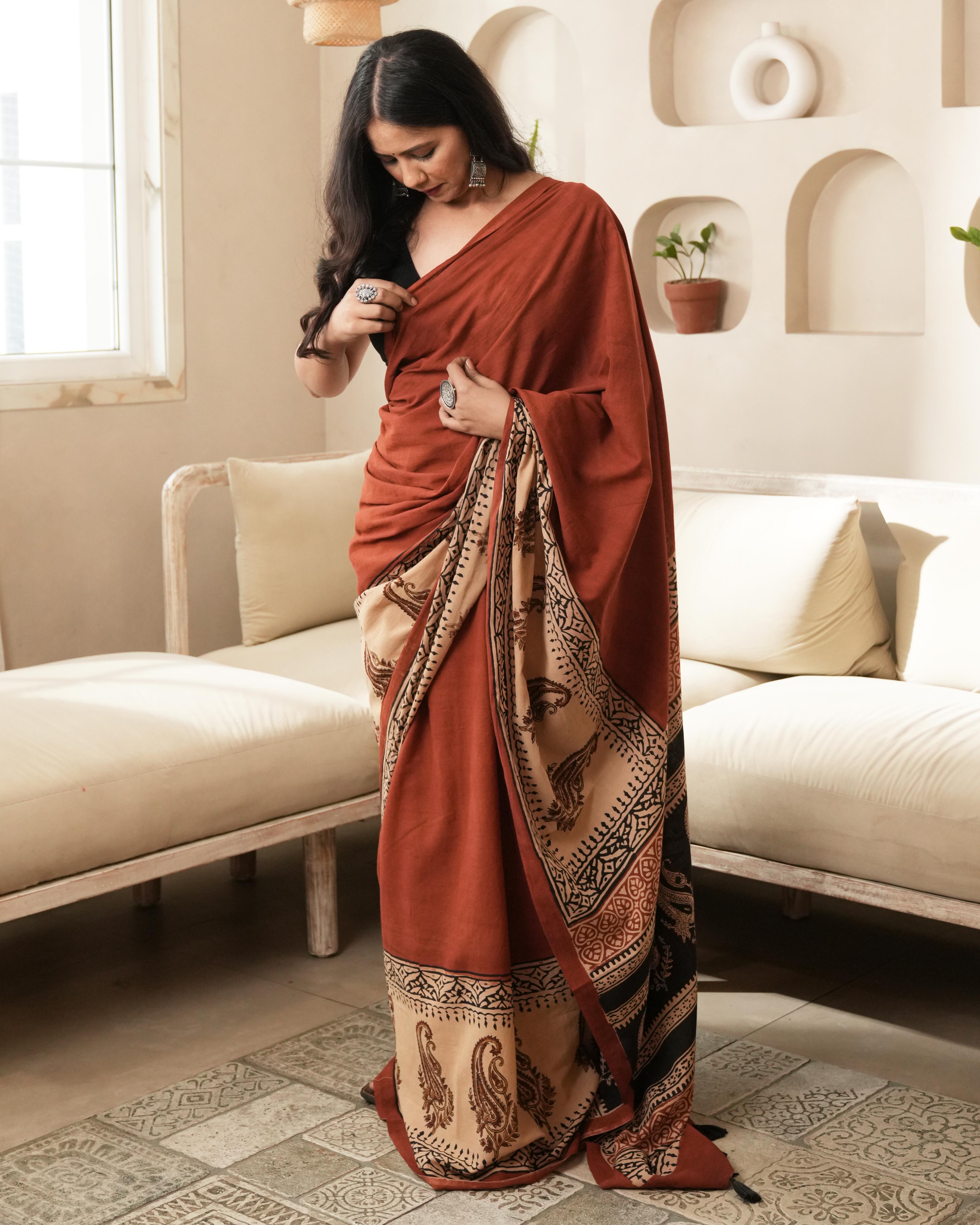 Bagru Print Mul Cotton Saree | Red Paisley for Workwear, Summer & Cultural Celebrations