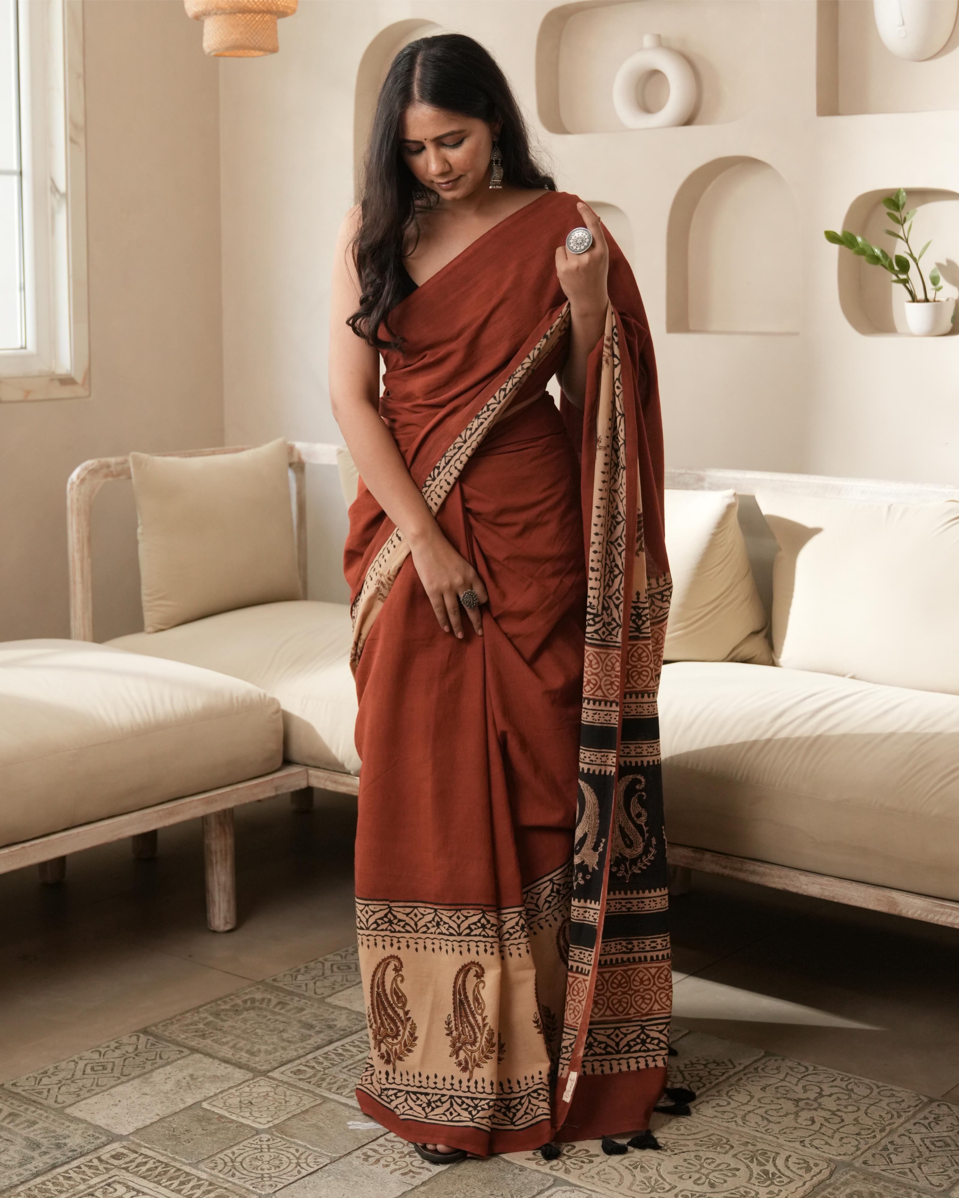 Bagru Print Mul Cotton Saree | Red Paisley for Workwear, Summer & Cultural Celebrations
