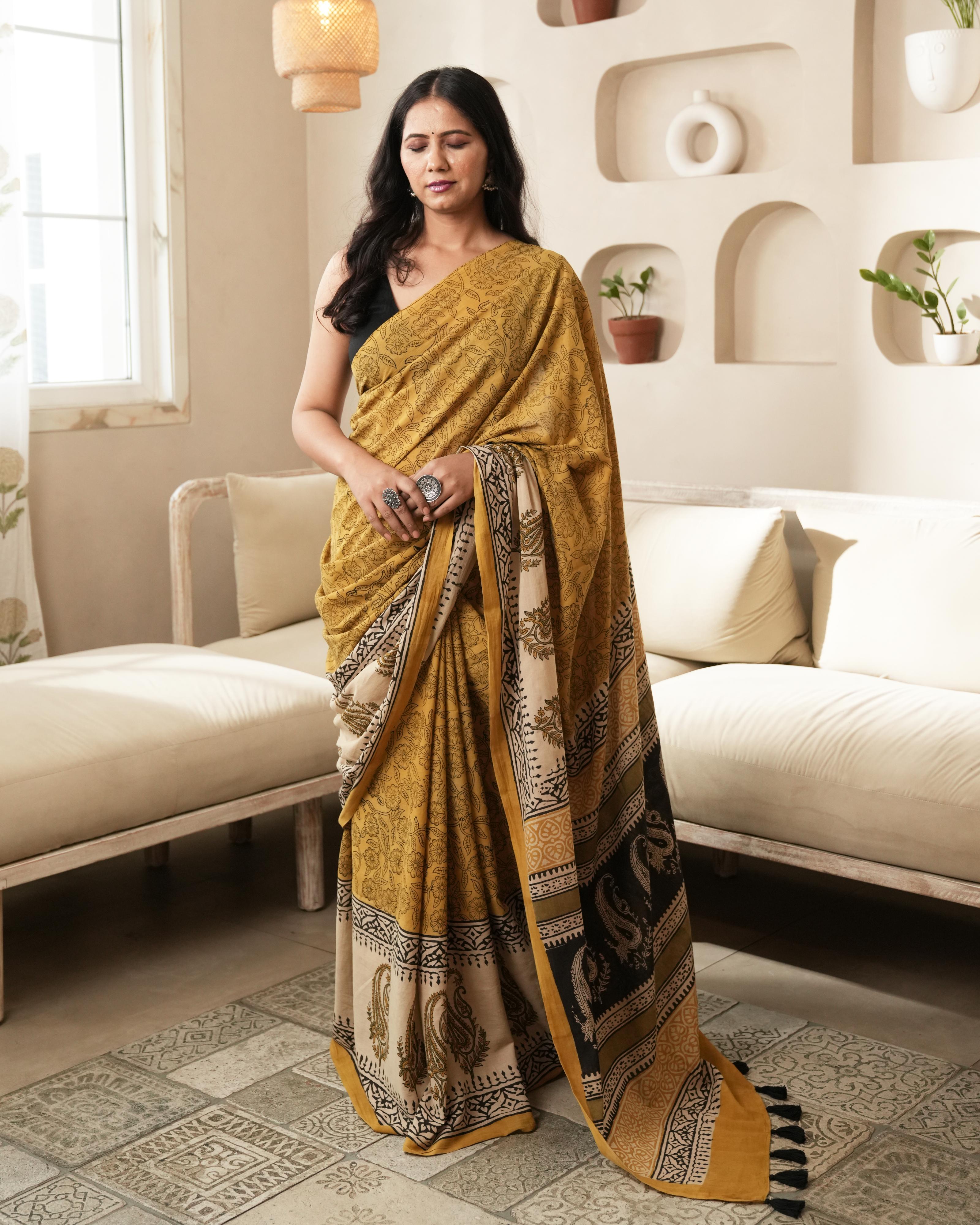 Bagru Print Mul Cotton Saree | Mustard Paisley Border for Festive & Summer Occasions