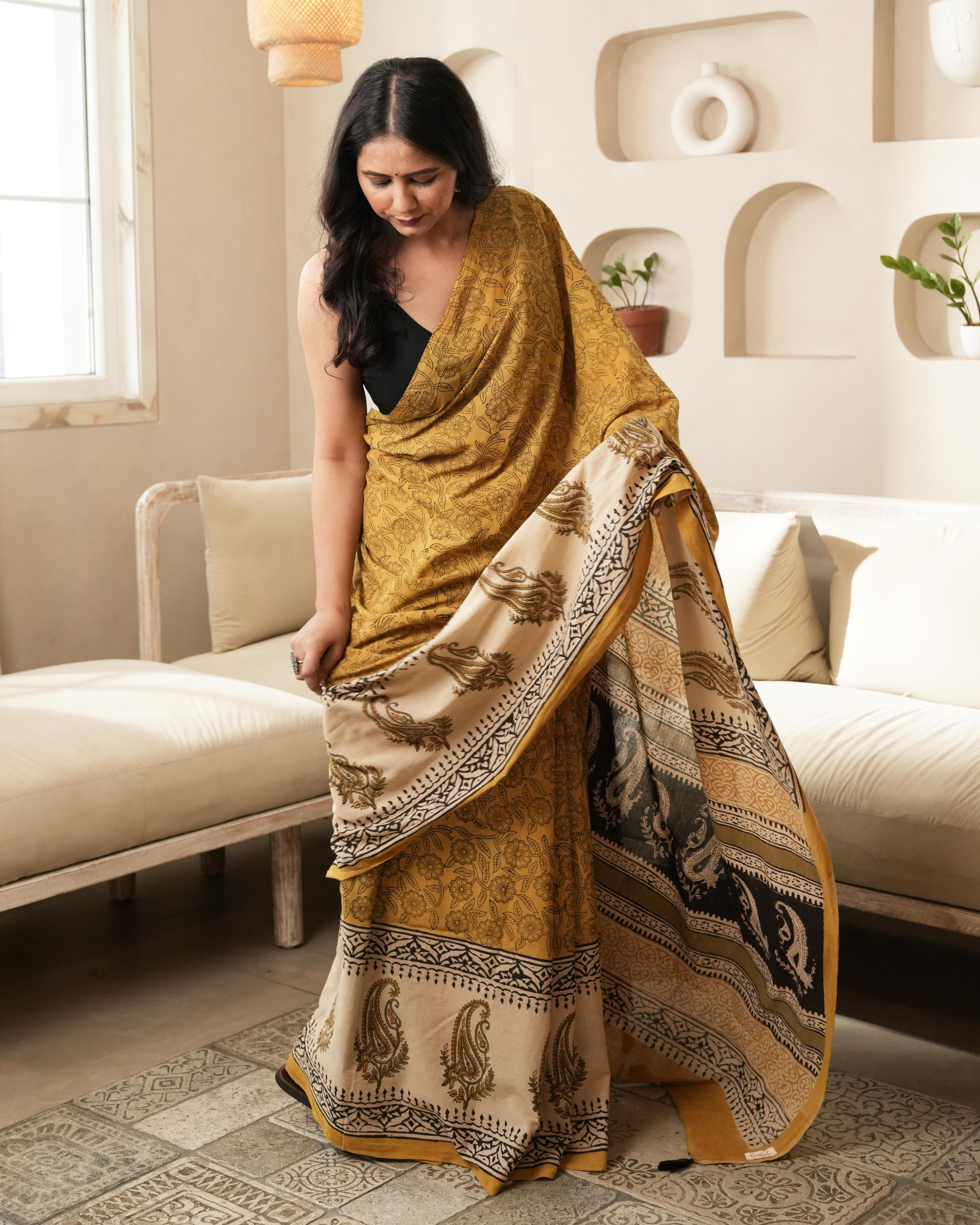 Bagru Print Mul Cotton Saree | Mustard Paisley Border for Festive & Summer Occasions