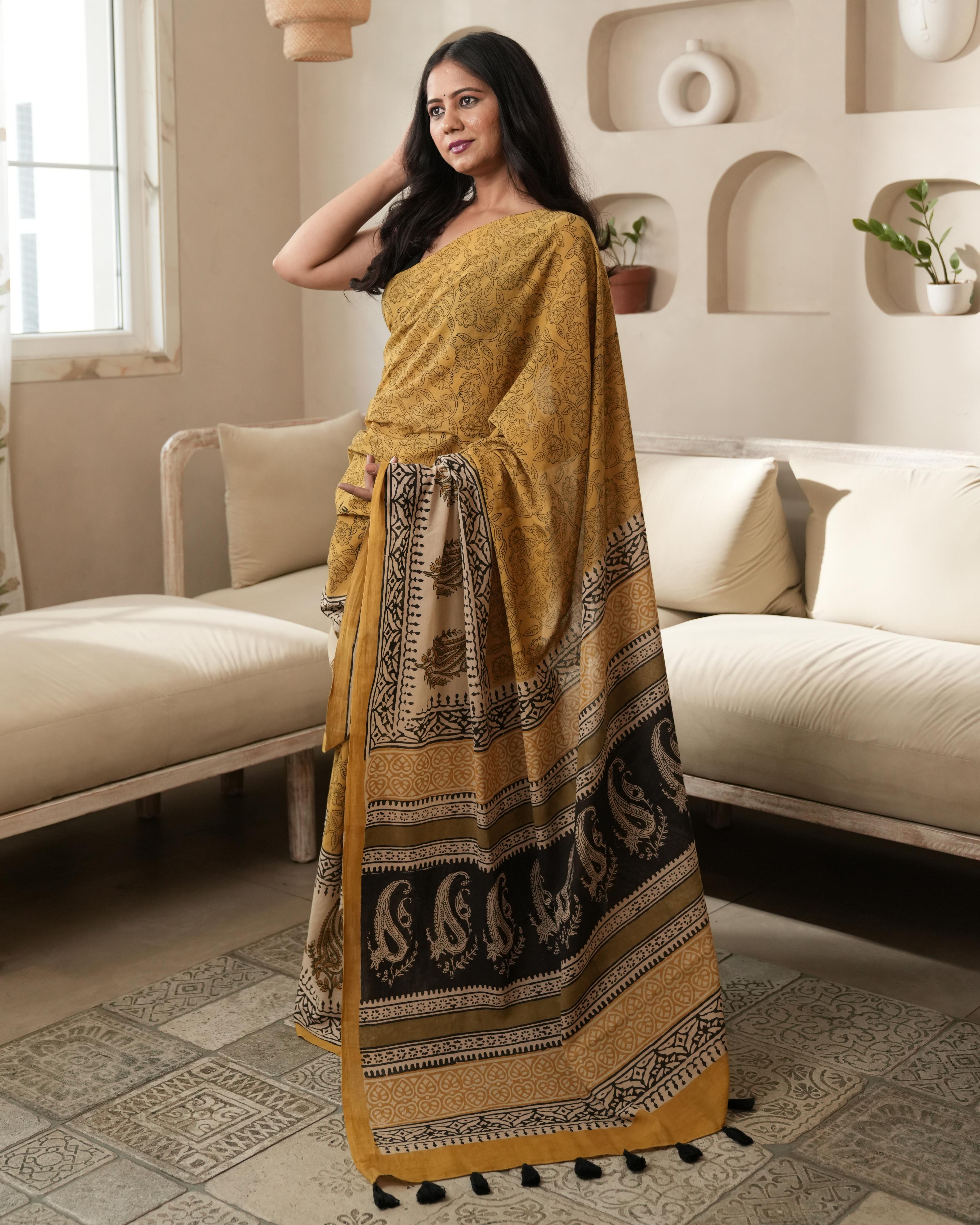 Bagru Print Mul Cotton Saree | Mustard Paisley Border for Festive & Summer Occasions