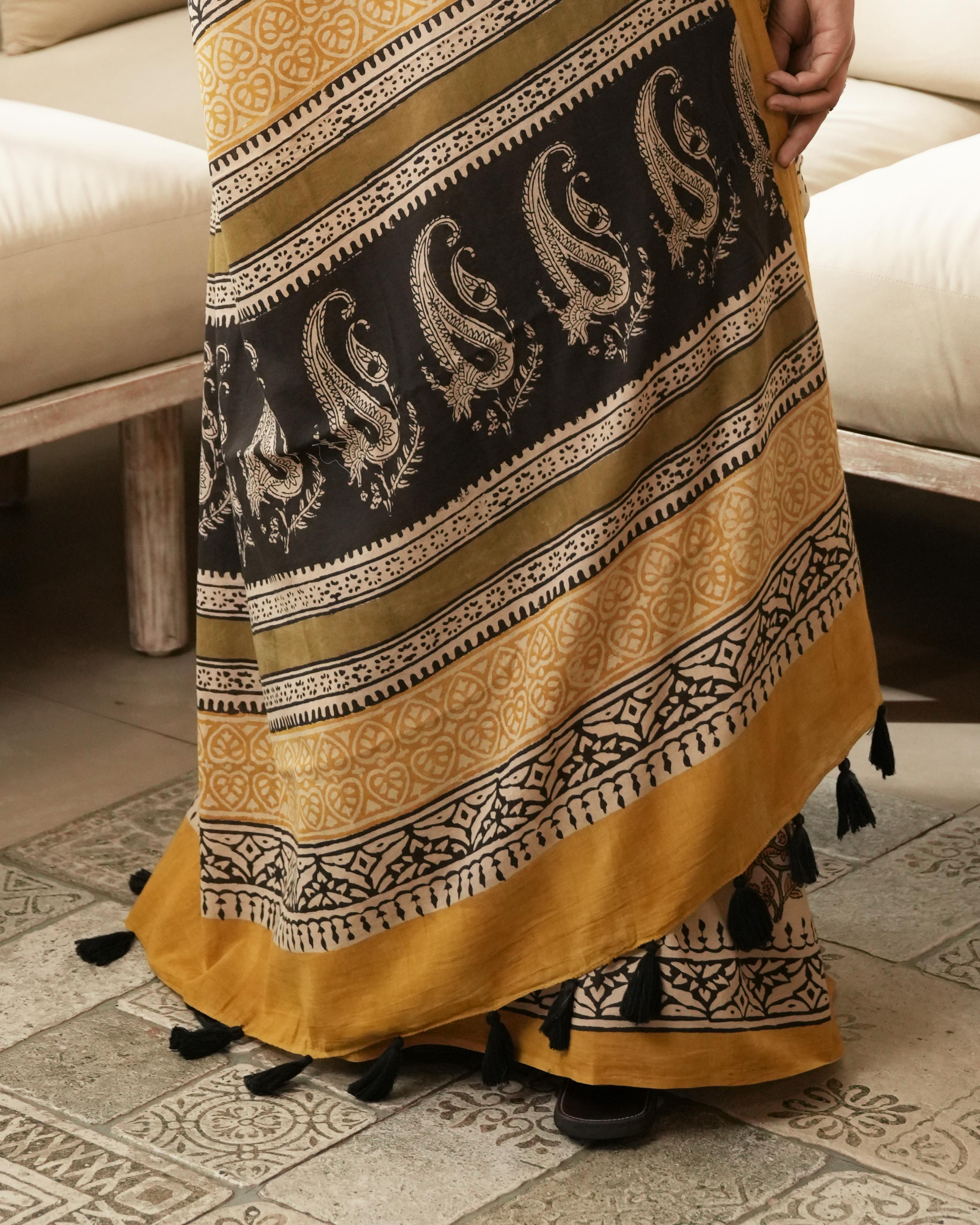 Bagru Print Mul Cotton Saree | Mustard Paisley Border for Festive & Summer Occasions
